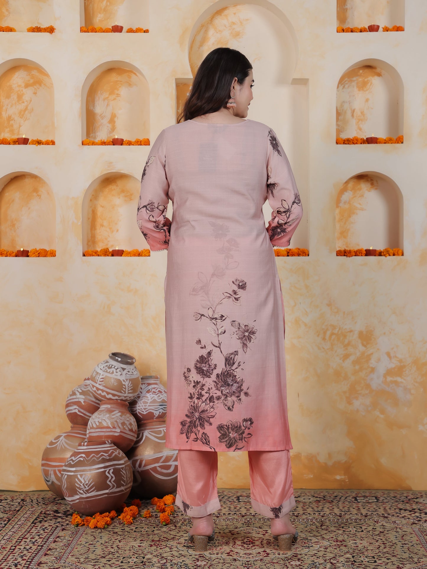 Lace Pink Ombre Floral Shantoon Straight Kurta