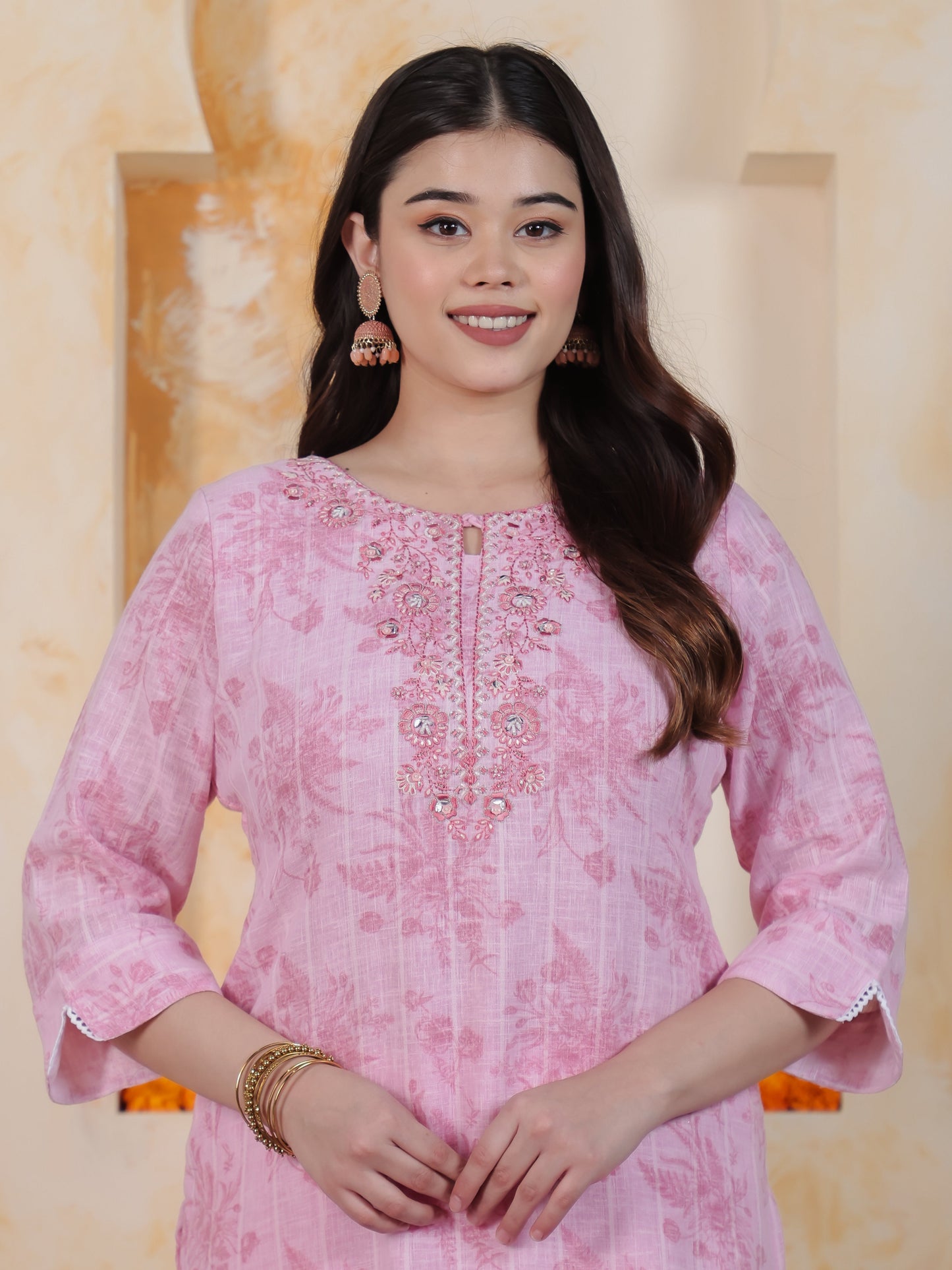 Zari Baby Pink Floral Cotton Blend Straight Kurta