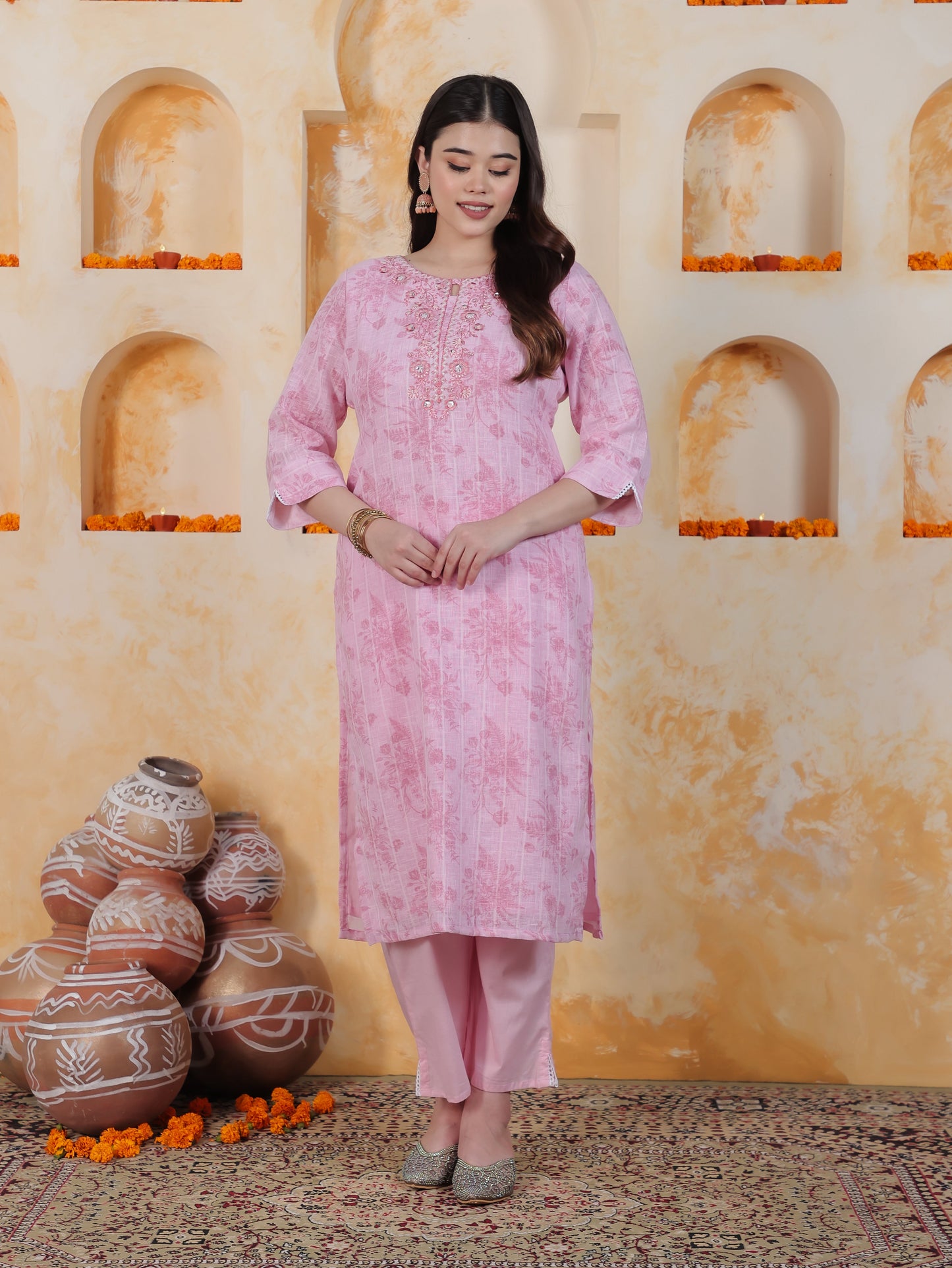 Zari Baby Pink Floral Cotton Blend Straight Kurta