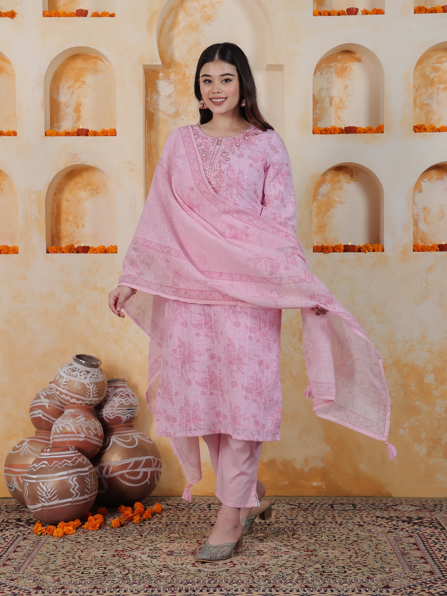 Zari Baby Pink Floral Cotton Blend Straight Kurta