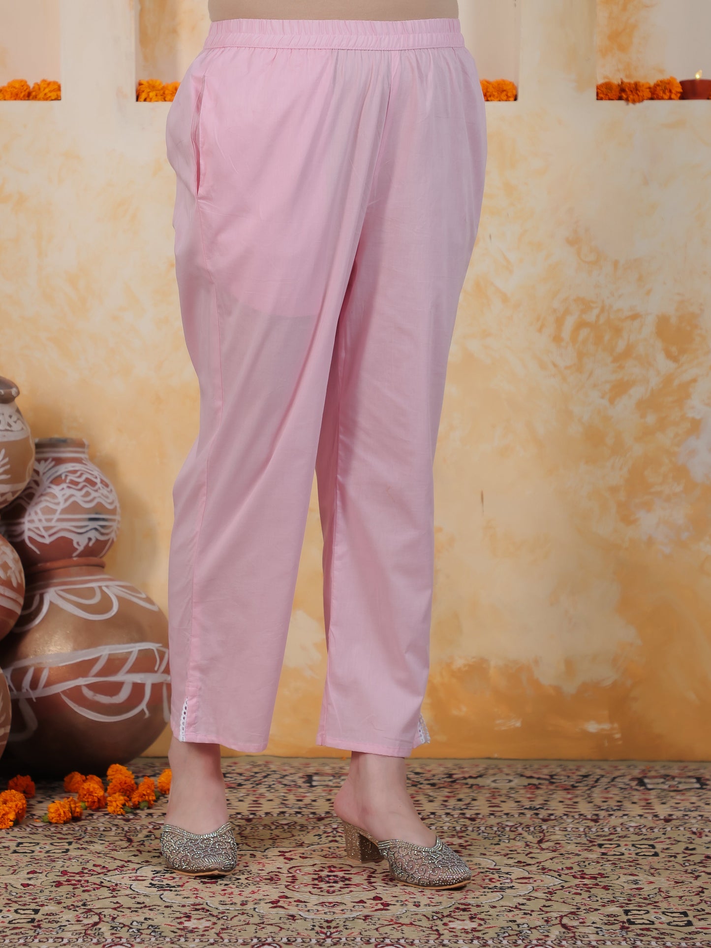 Zari Baby Pink Floral Cotton Blend Straight Kurta