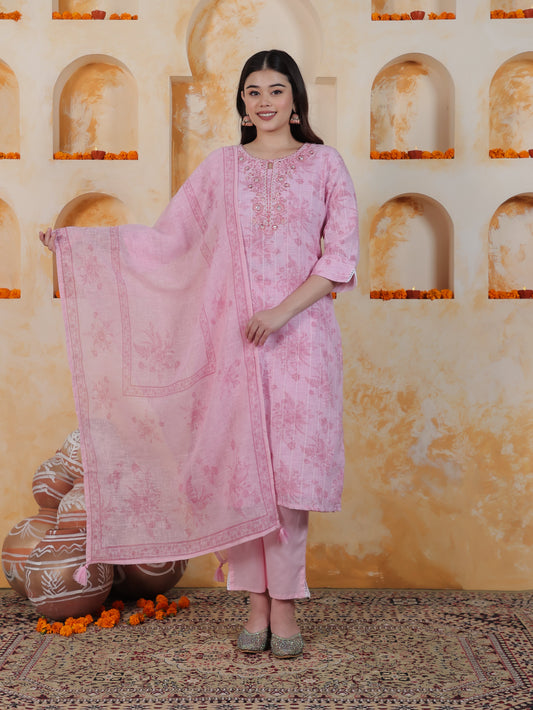 Zari Baby Pink Floral Cotton Blend Straight Kurta