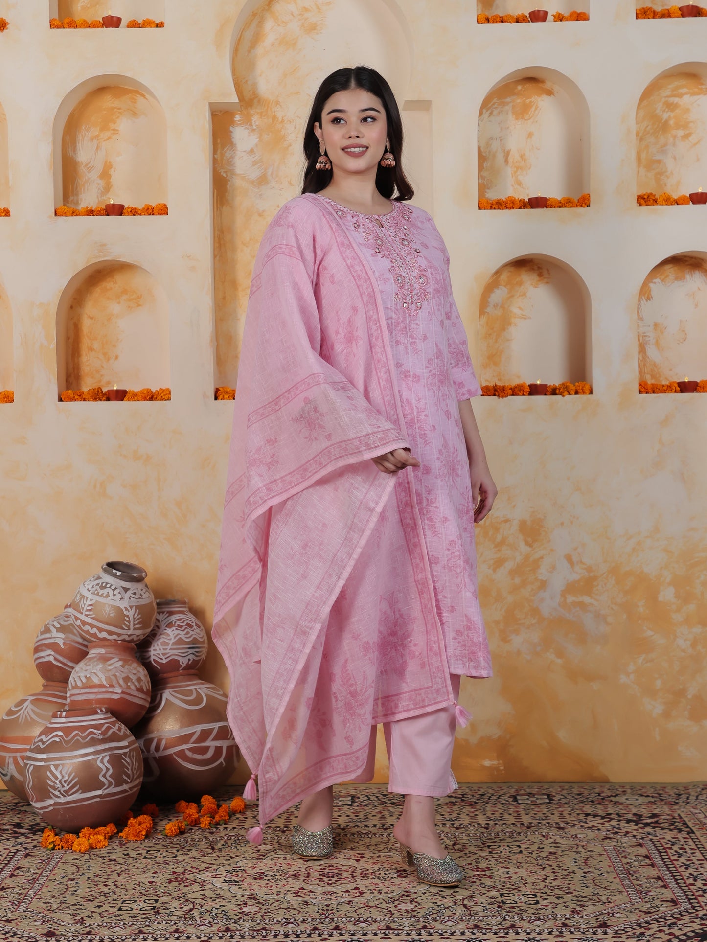 Zari Baby Pink Floral Cotton Blend Straight Kurta