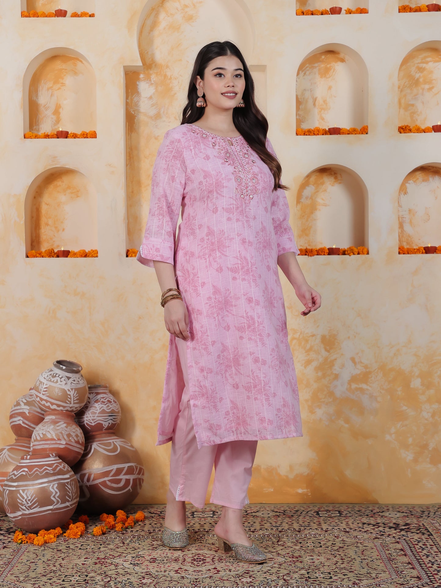 Zari Baby Pink Floral Cotton Blend Straight Kurta