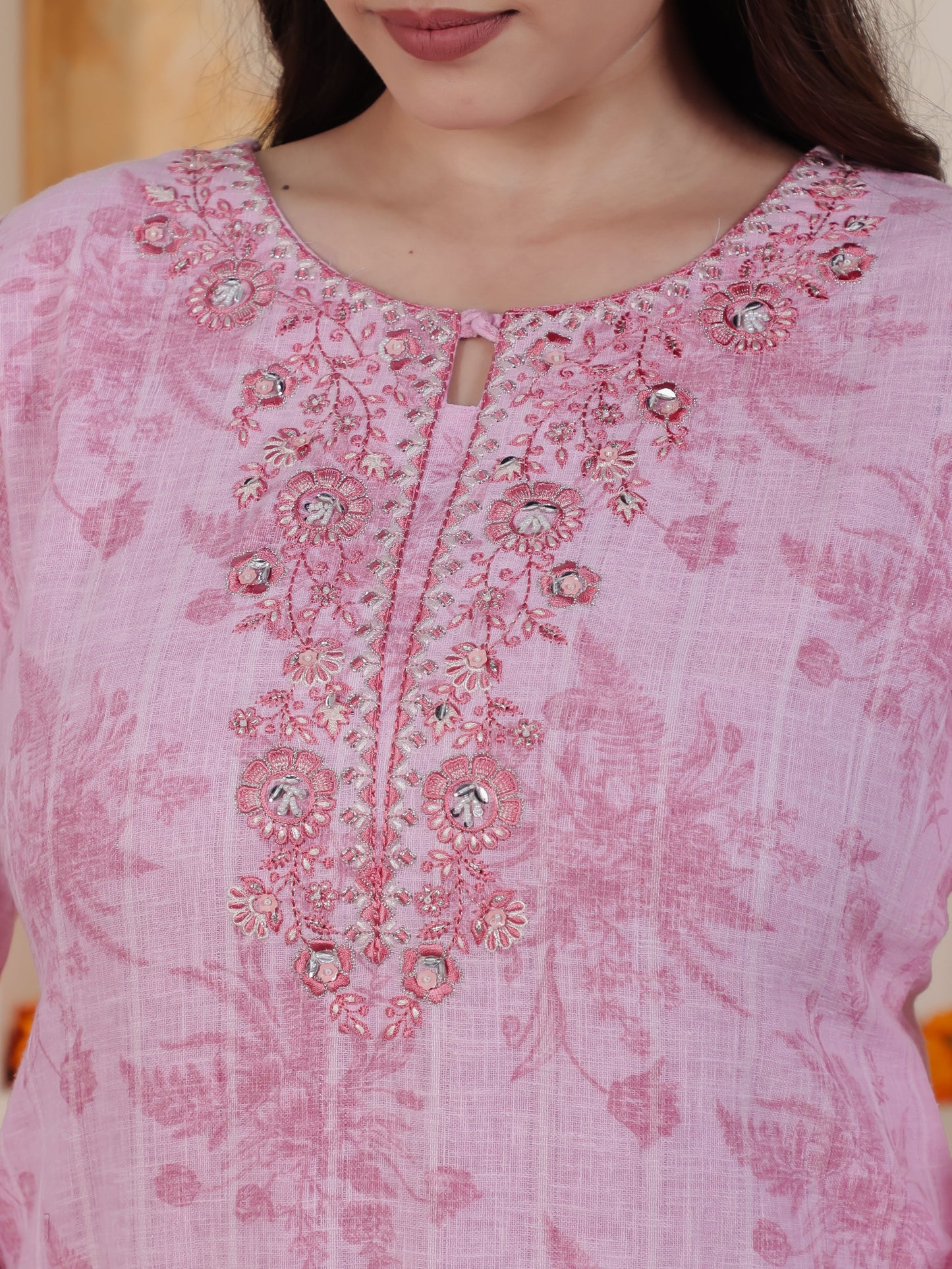 Zari Baby Pink Floral Cotton Blend Straight Kurta