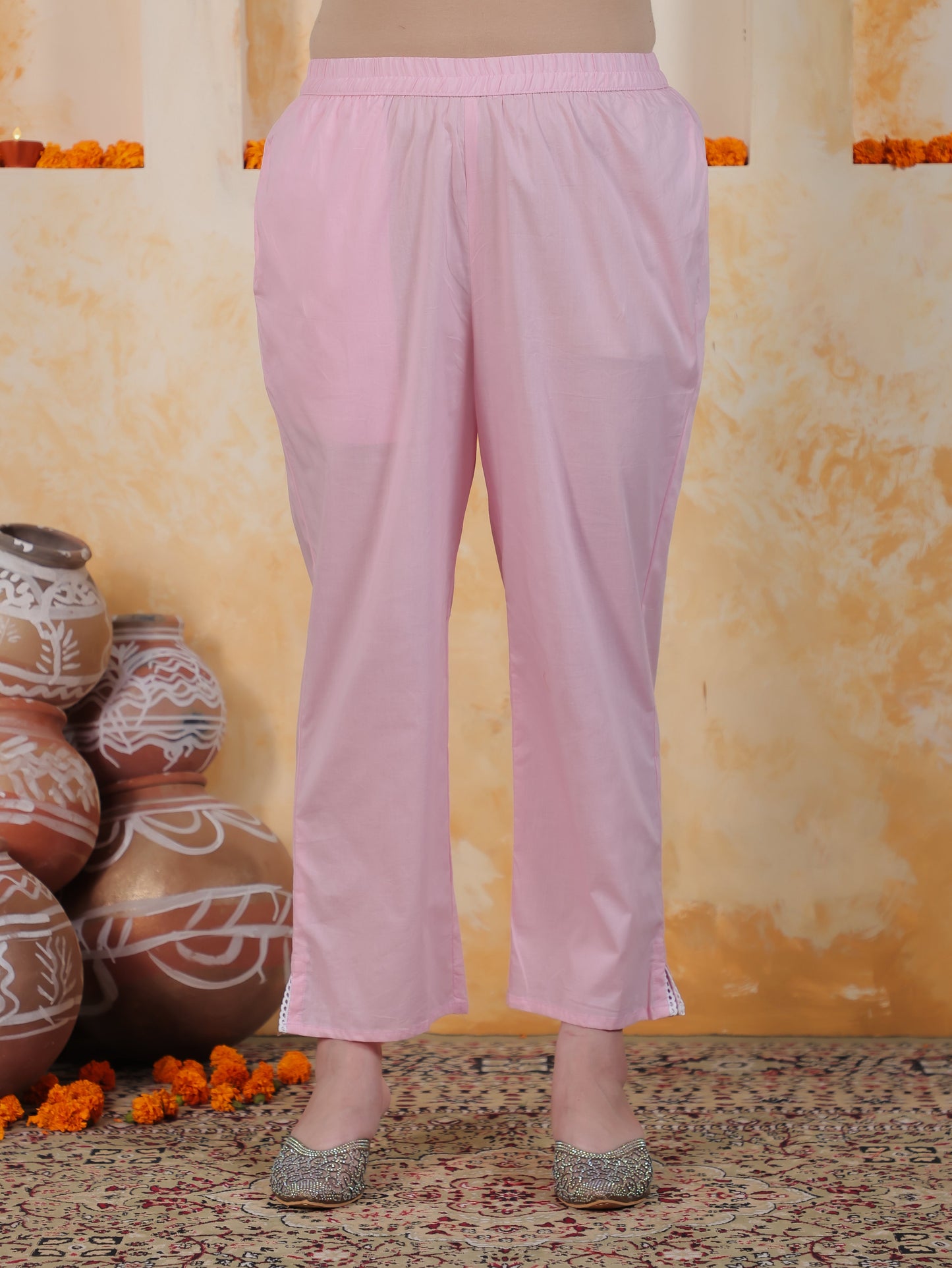 Zari Baby Pink Floral Cotton Blend Straight Kurta