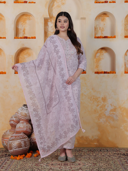 Zari Baby Pink Floral Cotton Blend Straight Kurta