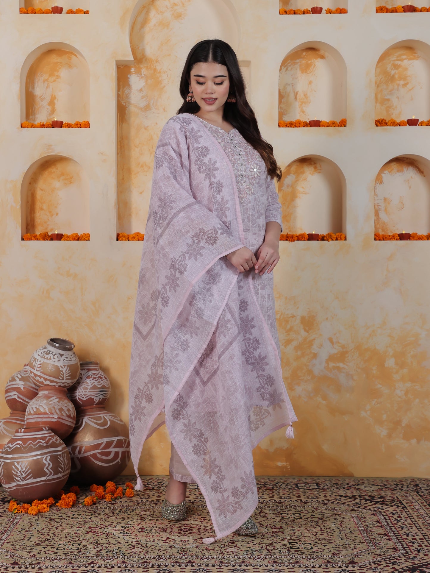 Zari Baby Pink Floral Cotton Blend Straight Kurta
