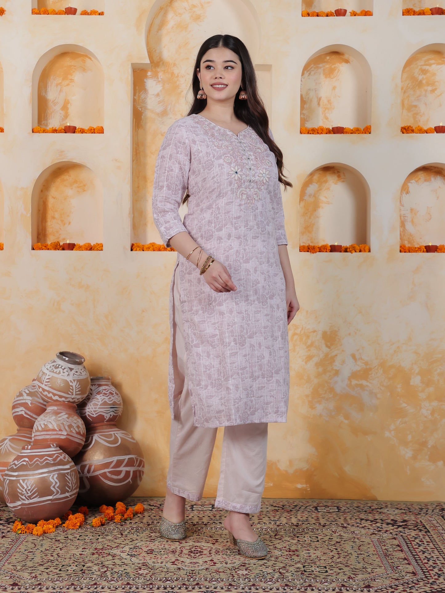 Zari Baby Pink Floral Cotton Blend Straight Kurta