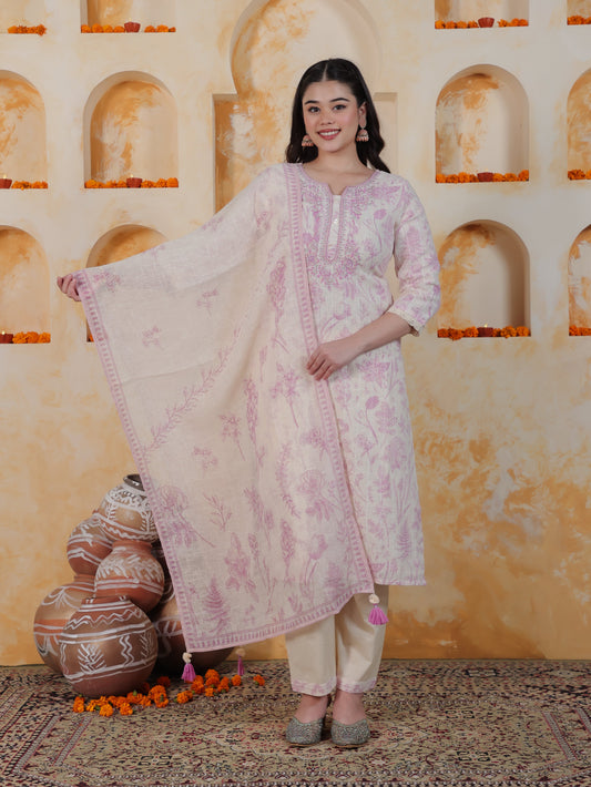 Zari Ivory Floral Lurex Cotton Straight Kurta