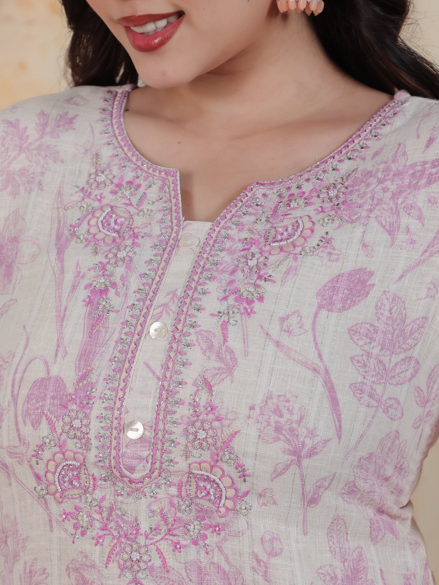 Zari Ivory Floral Lurex Cotton Straight Kurta