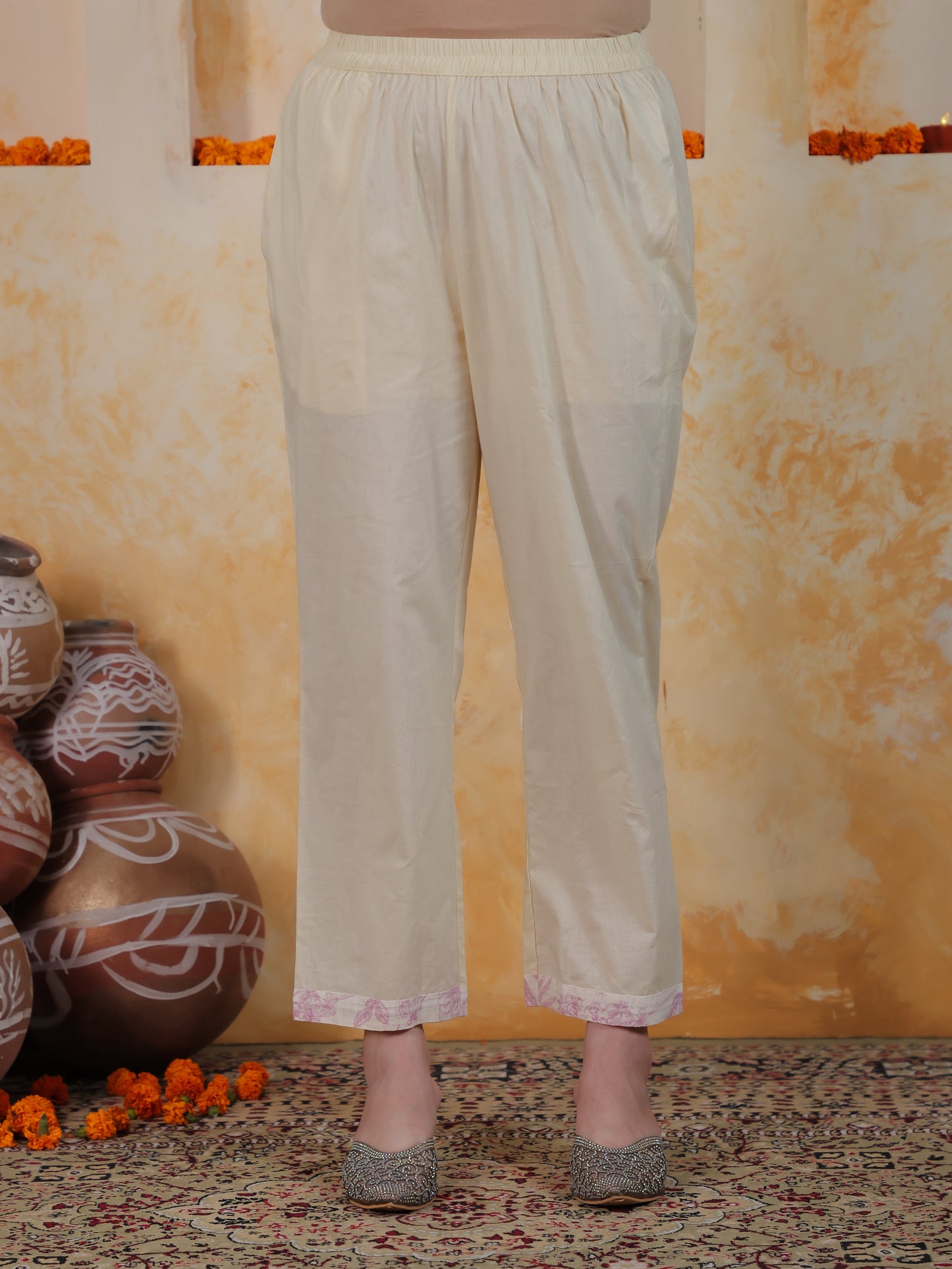 Zari Ivory Floral Lurex Cotton Straight Kurta