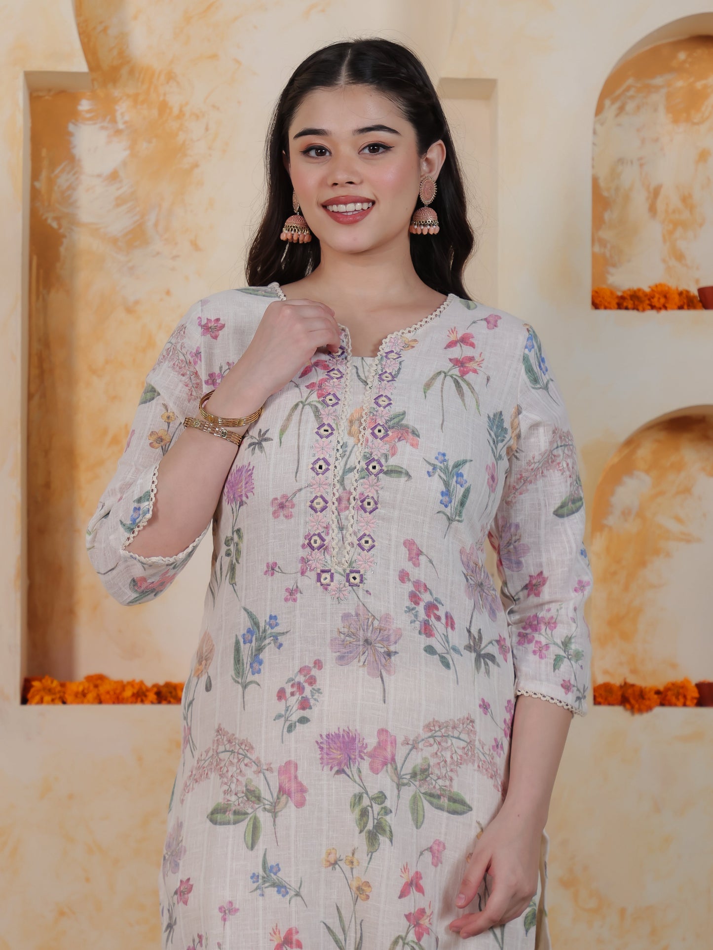 Mirror Work Ivory Floral Cotton Blend Straight Kurta