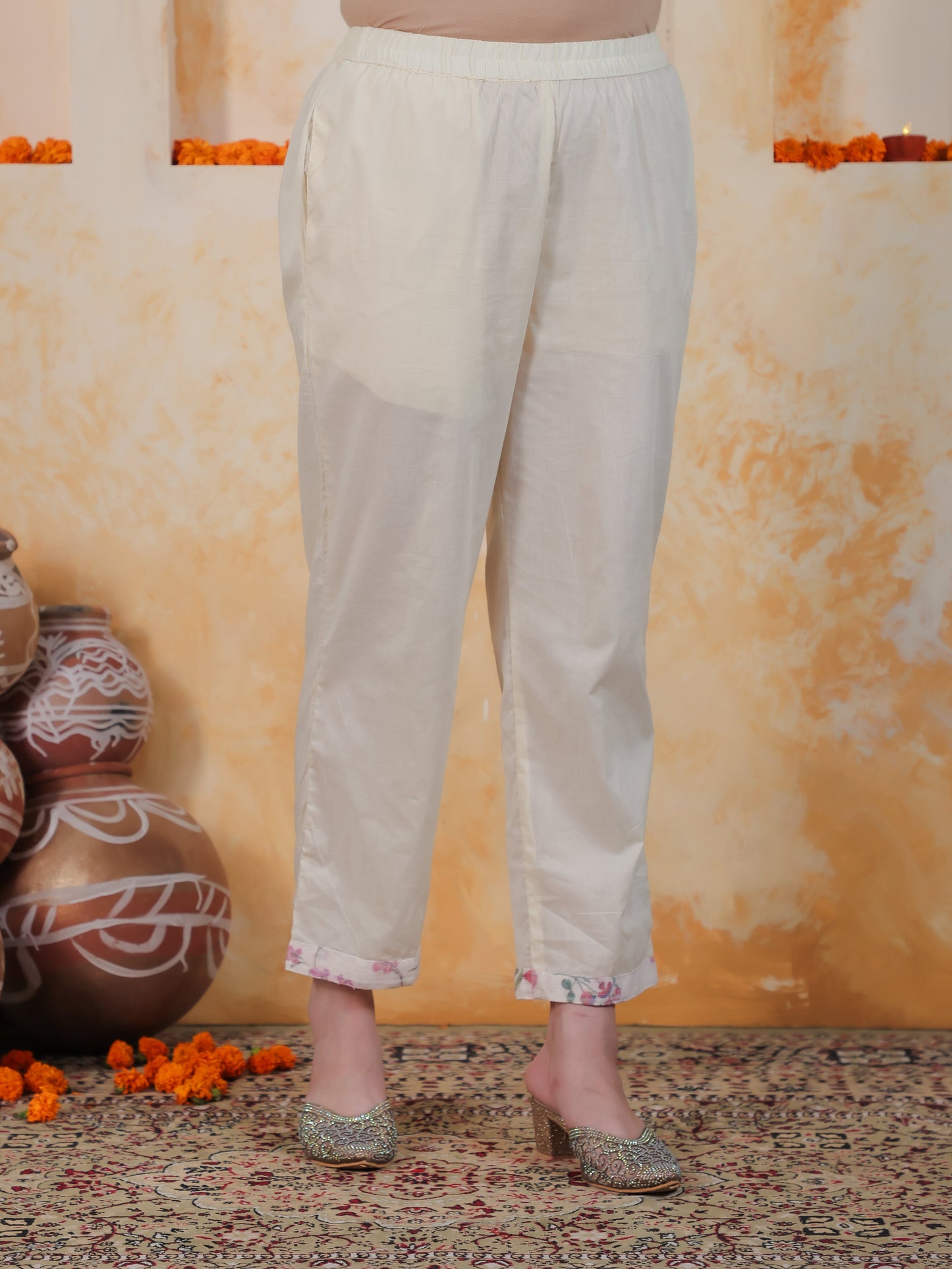 Mirror Work Ivory Floral Cotton Blend Straight Kurta