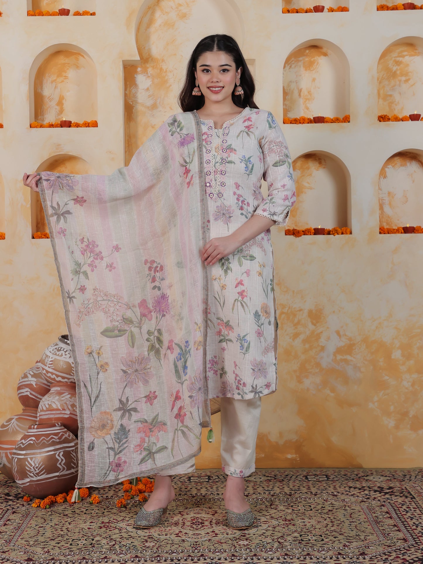 Mirror Work Ivory Floral Cotton Blend Straight Kurta