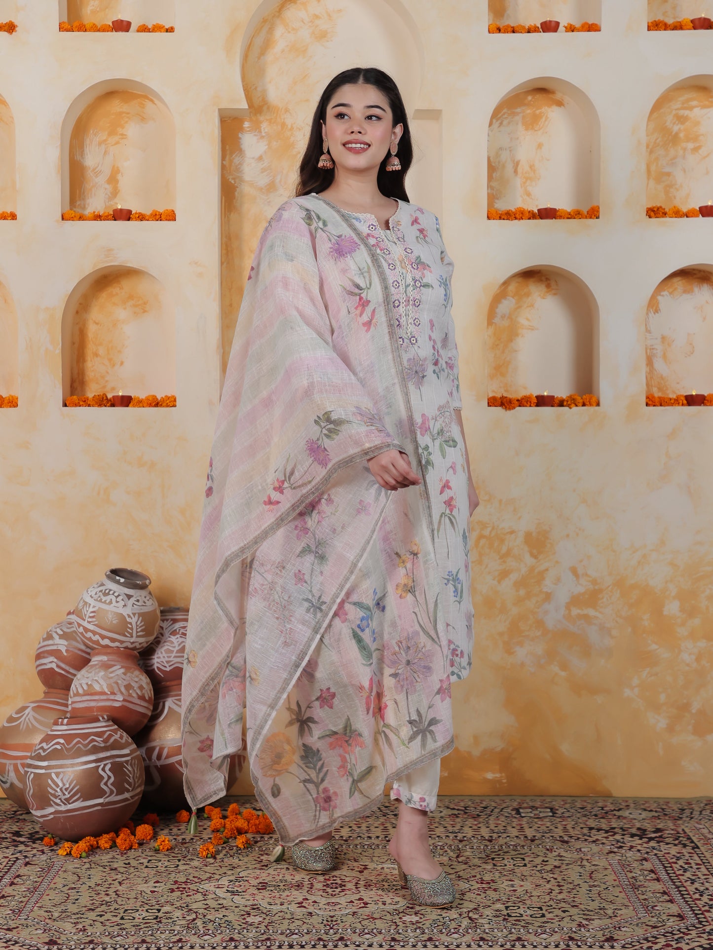 Mirror Work Ivory Floral Cotton Blend Straight Kurta