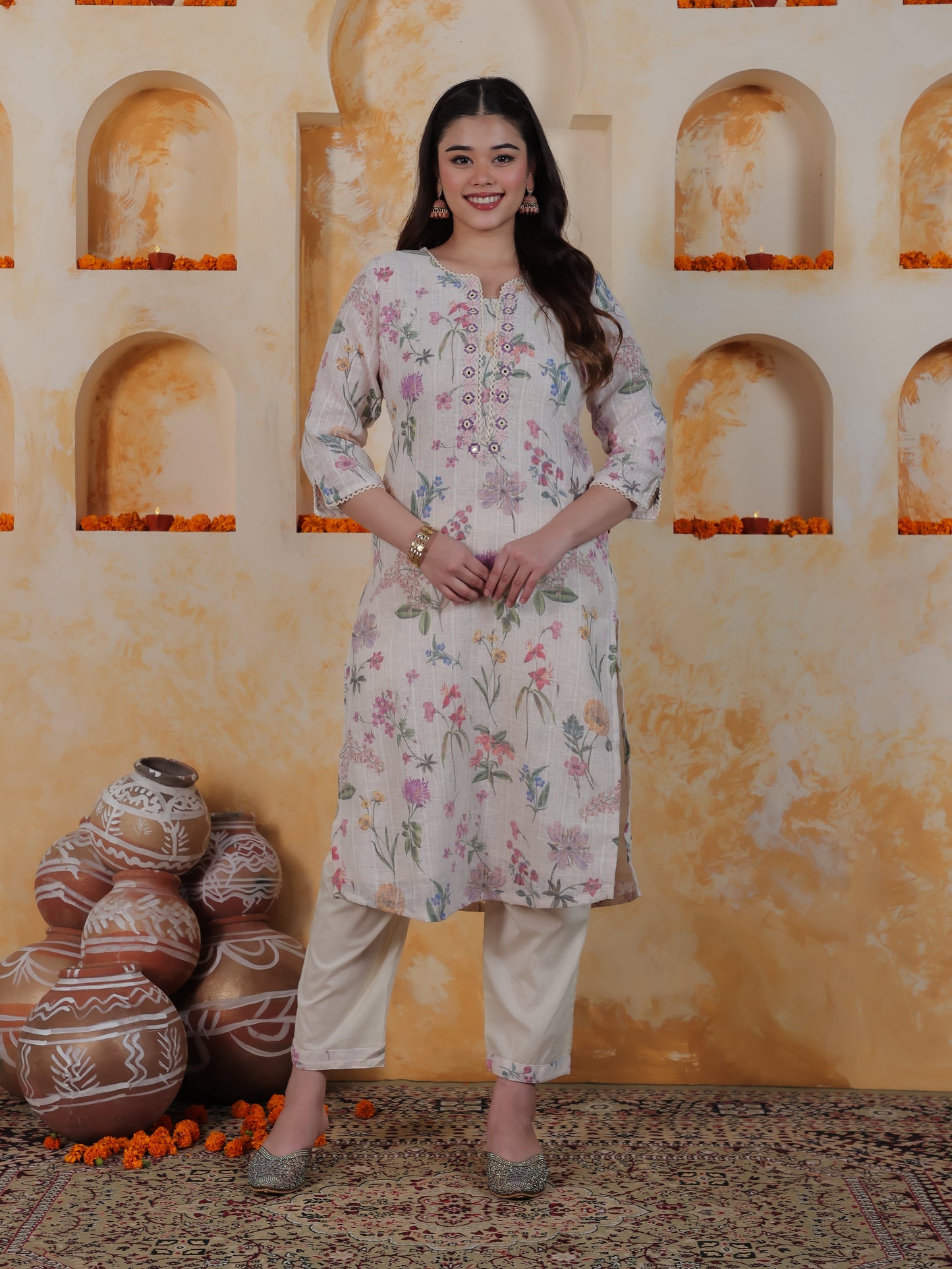 Mirror Work Ivory Floral Cotton Blend Straight Kurta