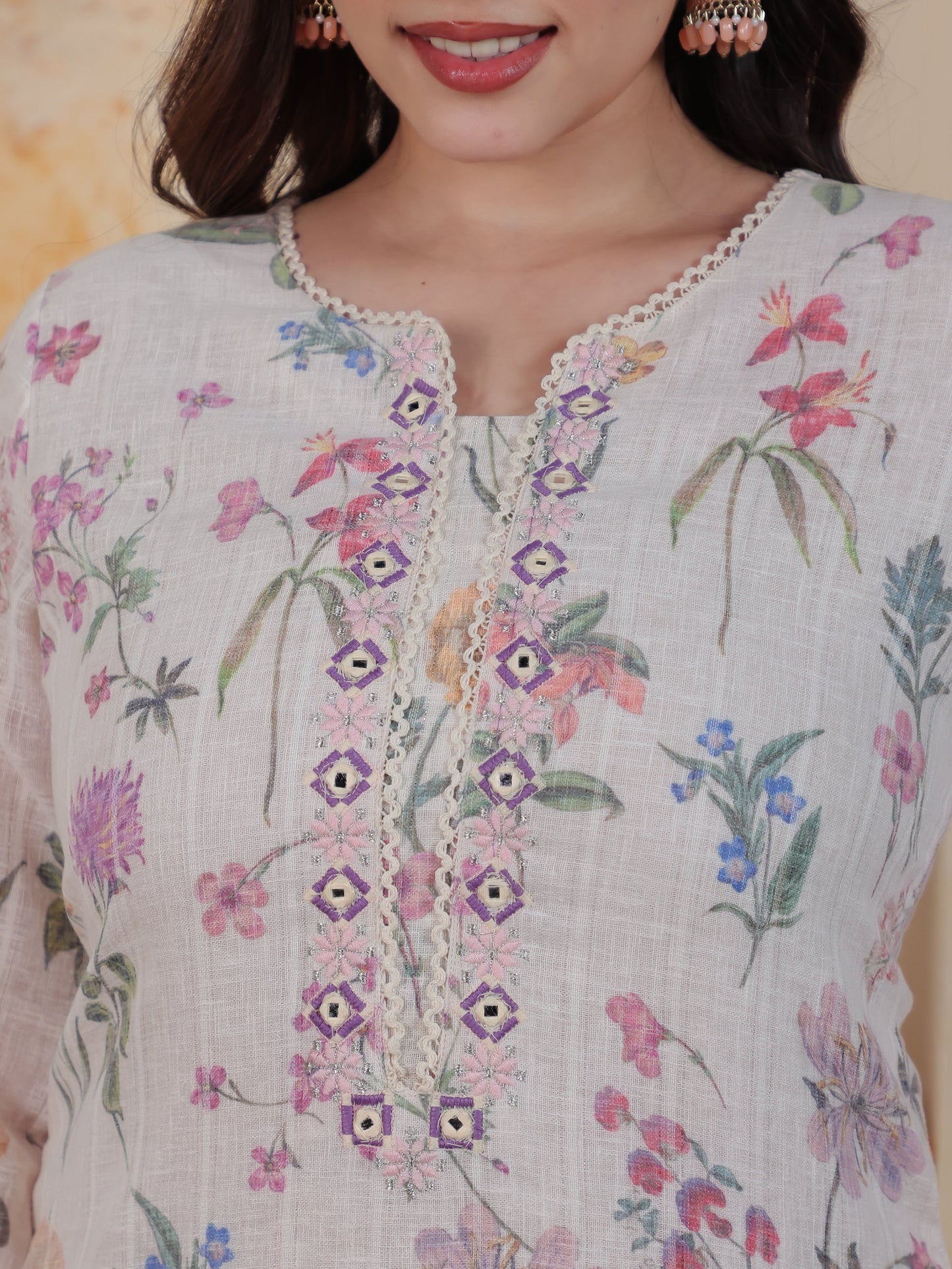 Mirror Work Ivory Floral Cotton Blend Straight Kurta
