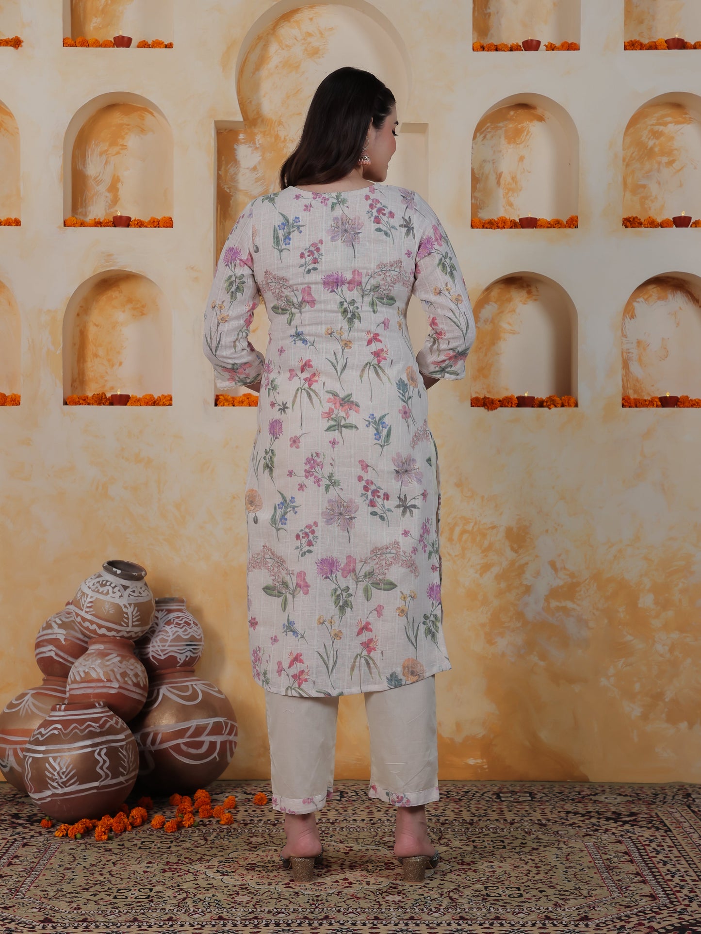 Mirror Work Ivory Floral Cotton Blend Straight Kurta