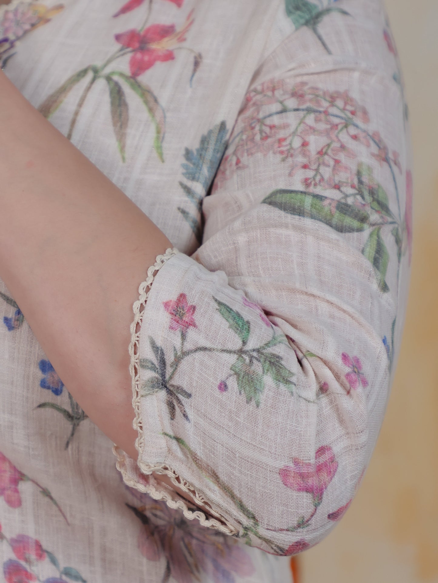 Mirror Work Ivory Floral Cotton Blend Straight Kurta