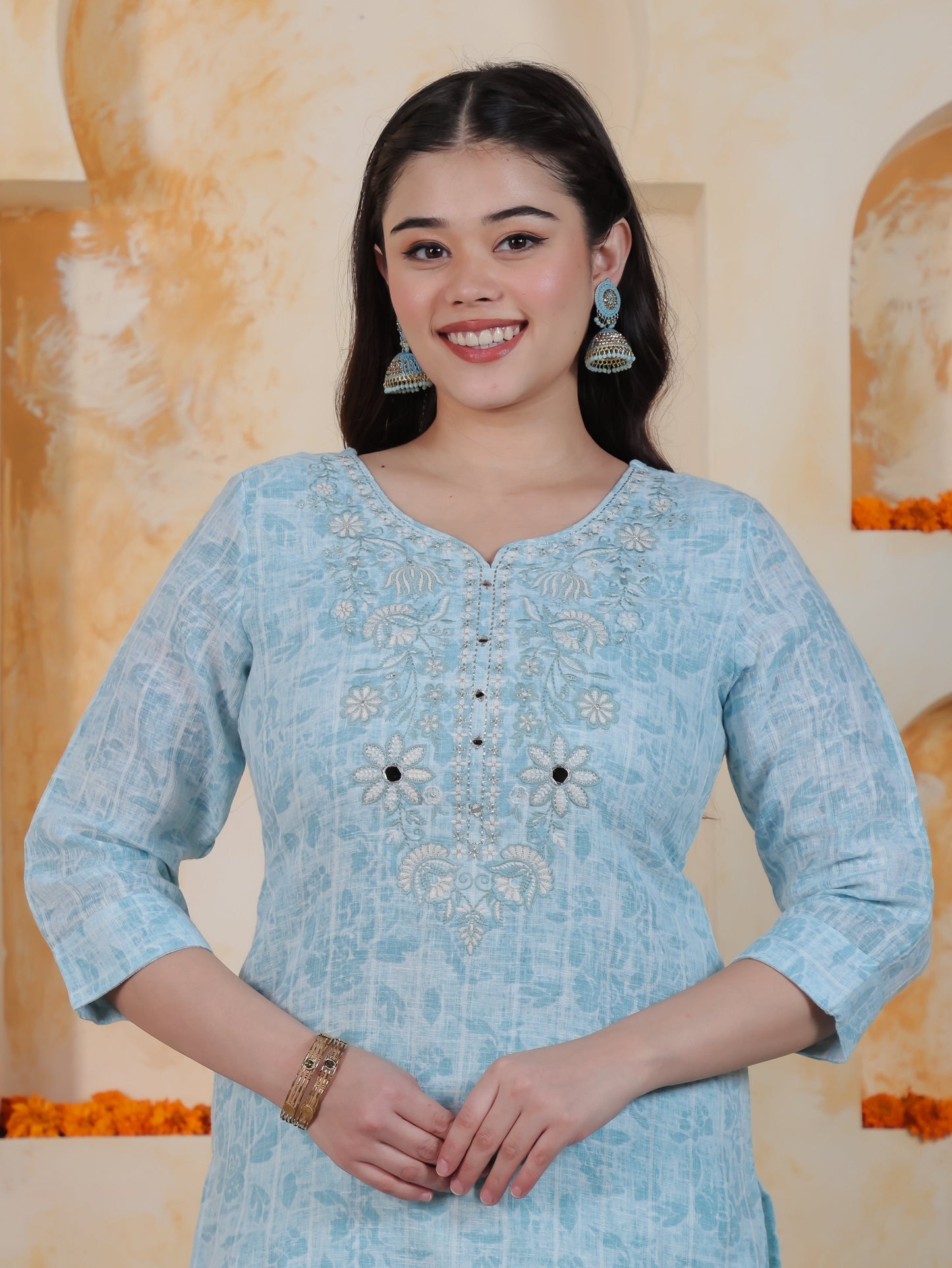 Embroidered Sky Blue Floral Cotton Blend Straight Kurta