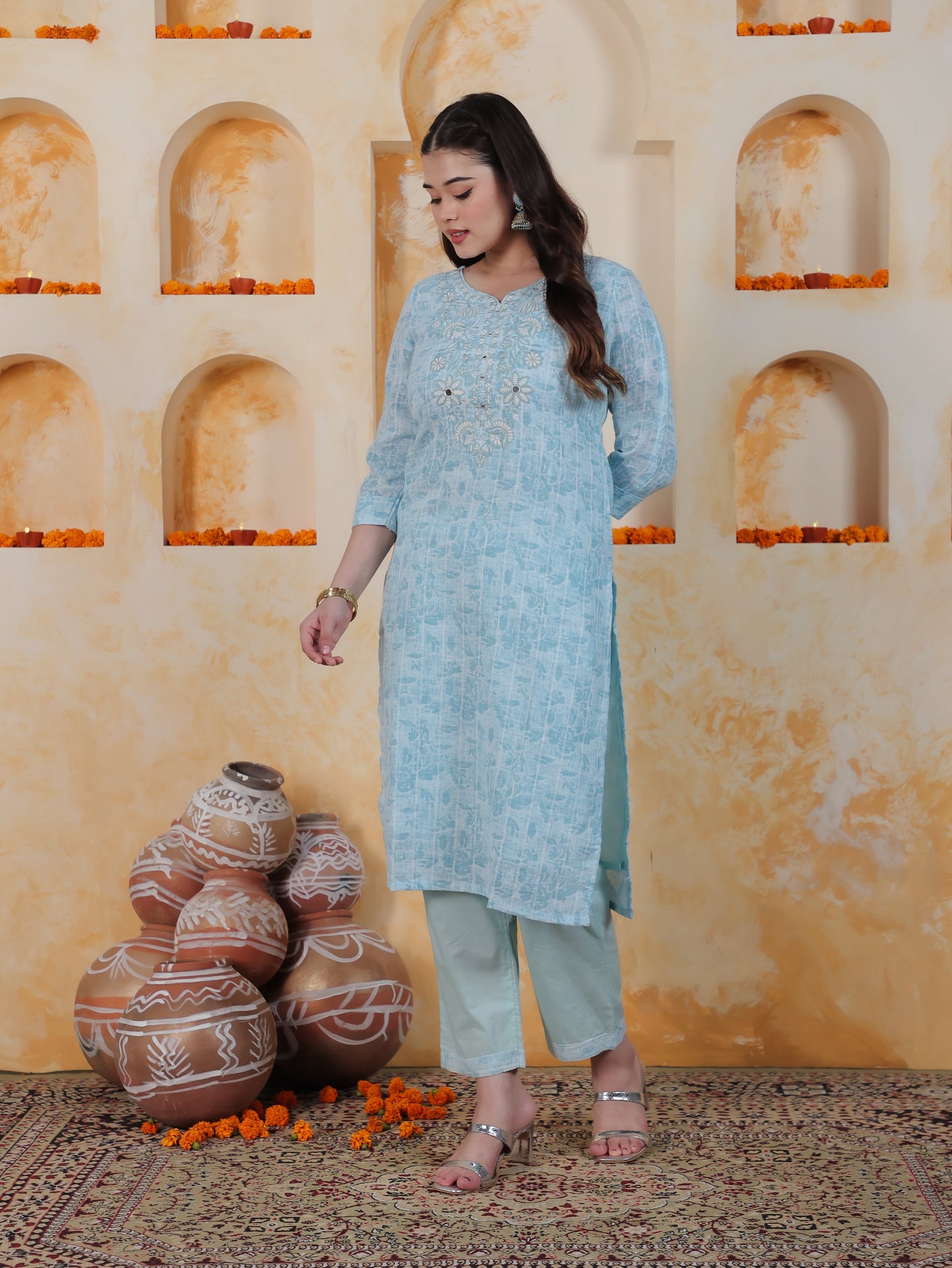 Embroidered Sky Blue Floral Cotton Blend Straight Kurta