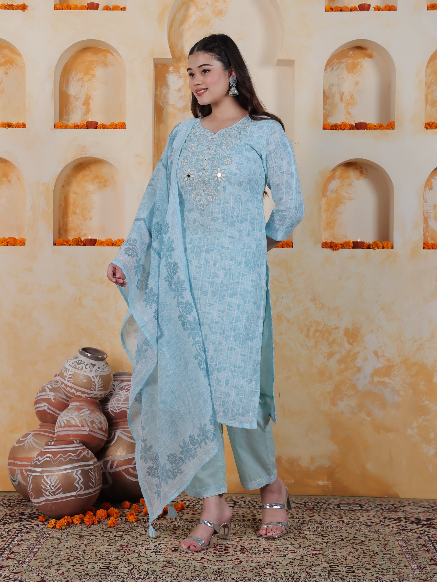 Embroidered Sky Blue Floral Cotton Blend Straight Kurta