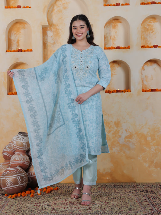 Embroidered Sky Blue Floral Cotton Blend Straight Kurta
