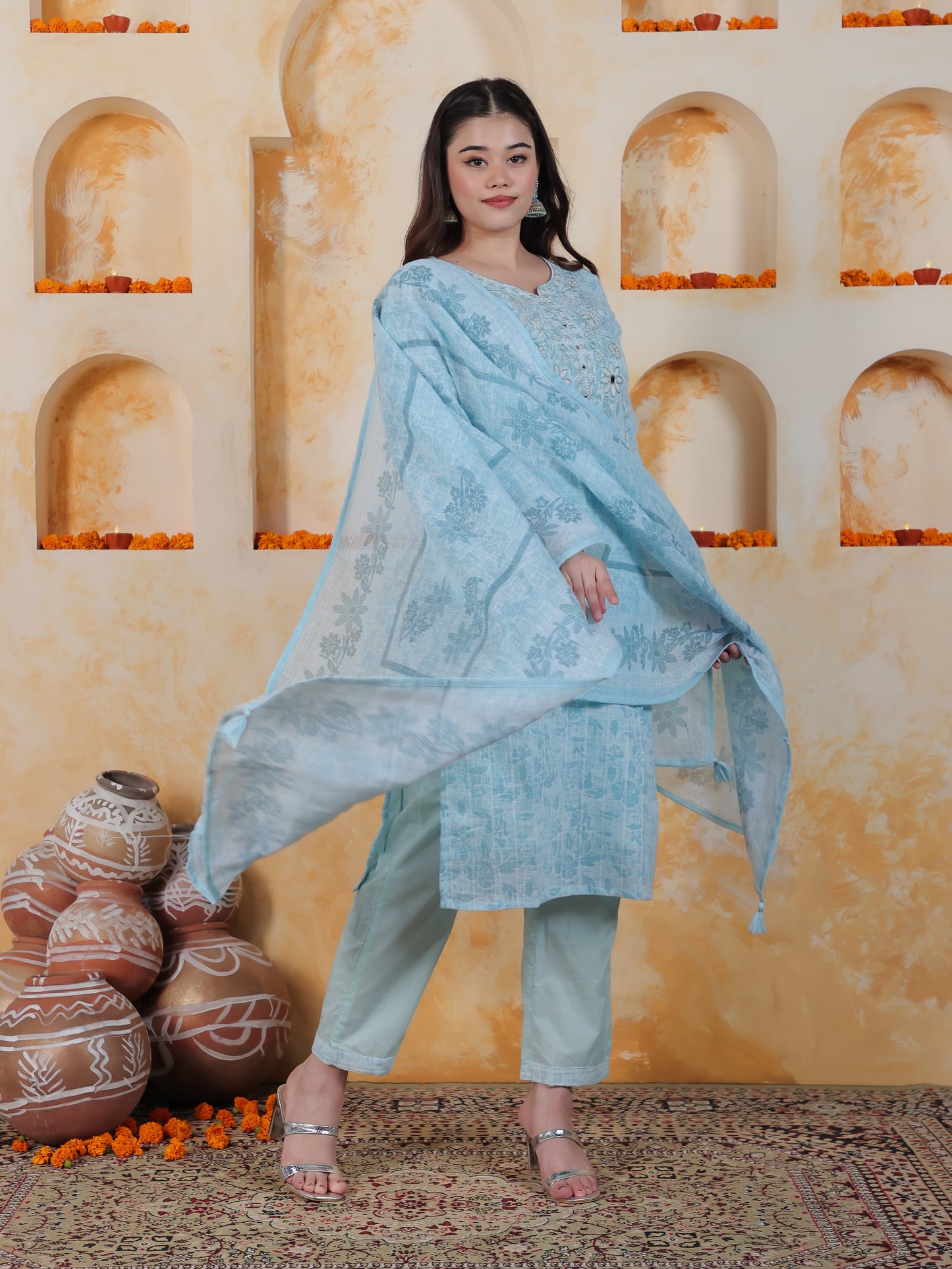 Embroidered Sky Blue Floral Cotton Blend Straight Kurta