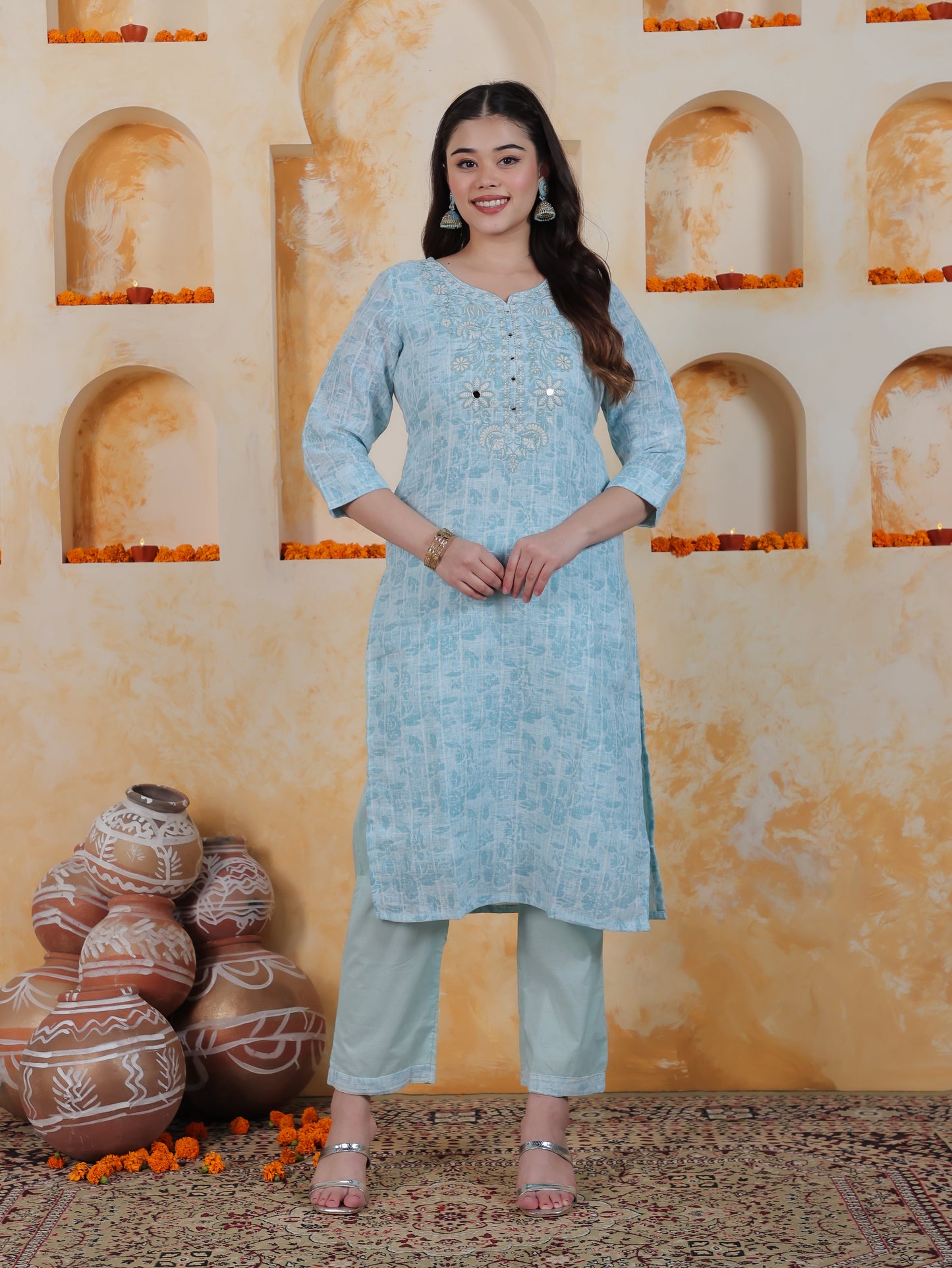 Embroidered Sky Blue Floral Cotton Blend Straight Kurta