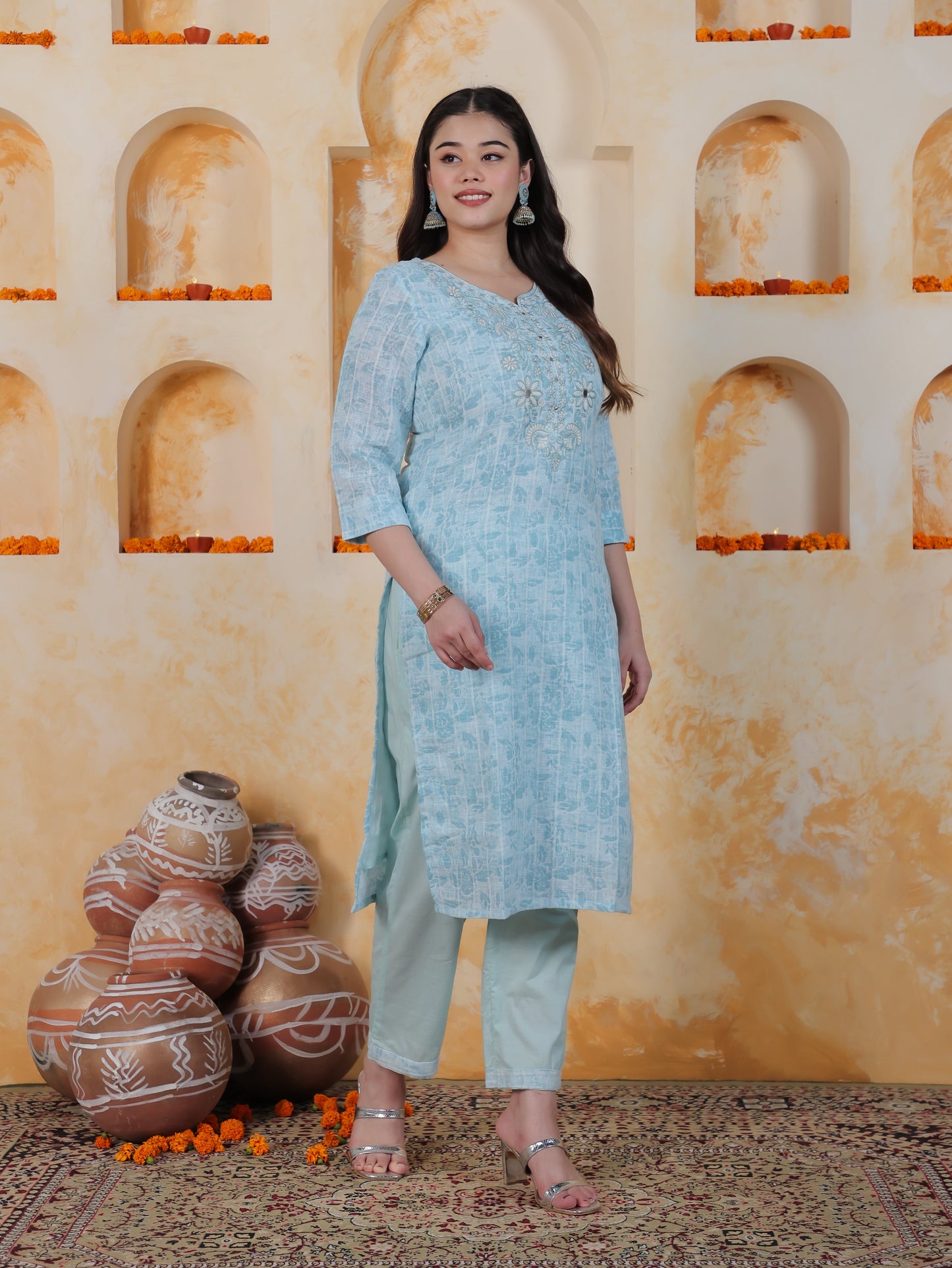 Embroidered Sky Blue Floral Cotton Blend Straight Kurta