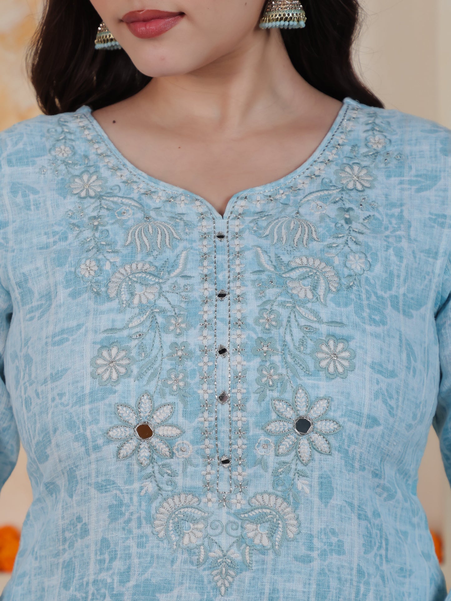 Embroidered Sky Blue Floral Cotton Blend Straight Kurta