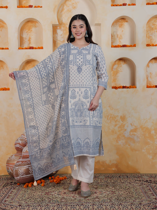 Beads & Stones Off White Placement Print Cotton Blend Straight Kurta