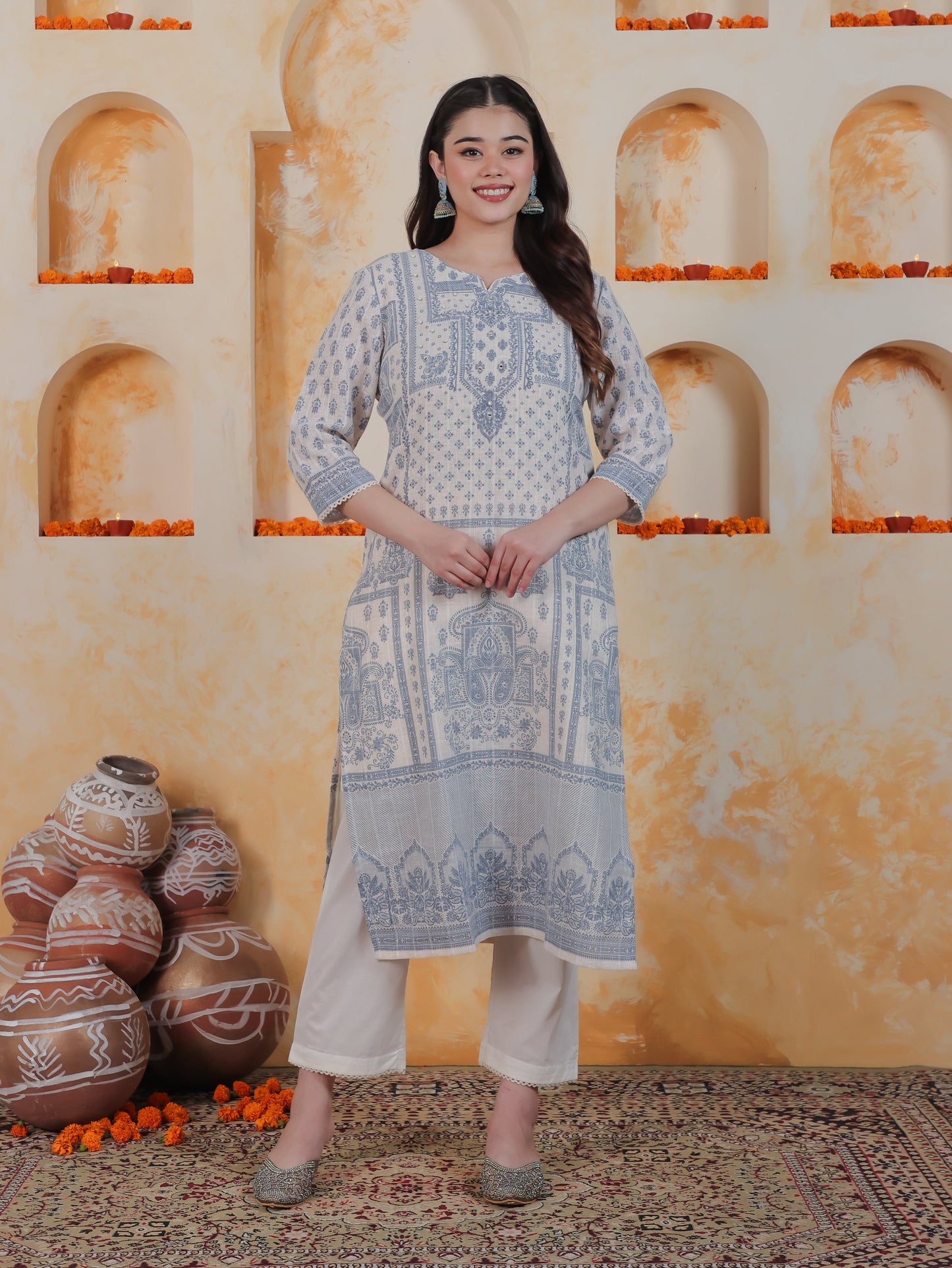 Beads & Stones Off White Placement Print Cotton Blend Straight Kurta