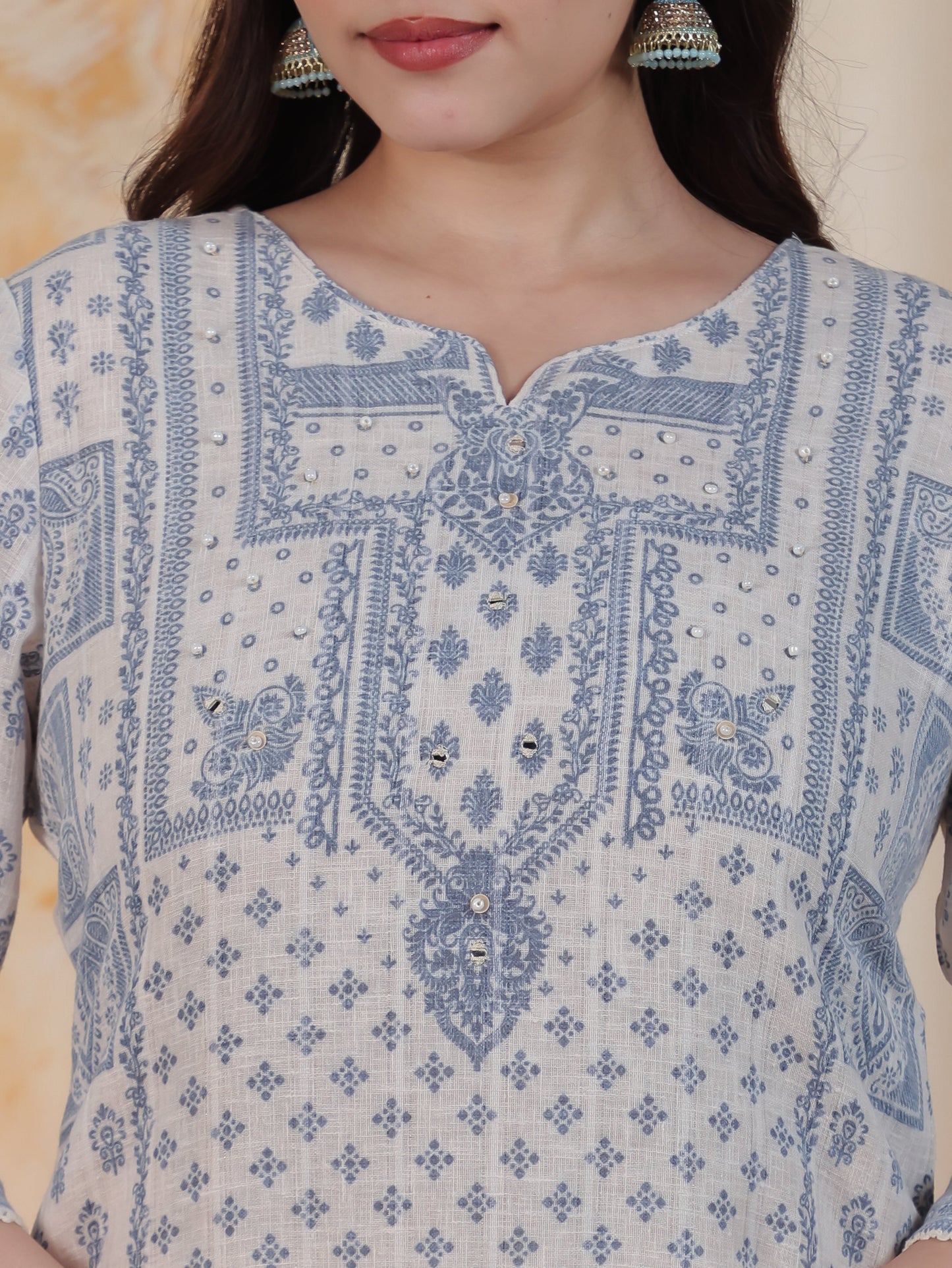 Beads & Stones Off White Placement Print Cotton Blend Straight Kurta