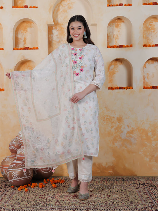 Embroidered White Floral Cotton Blend Straight Kurta