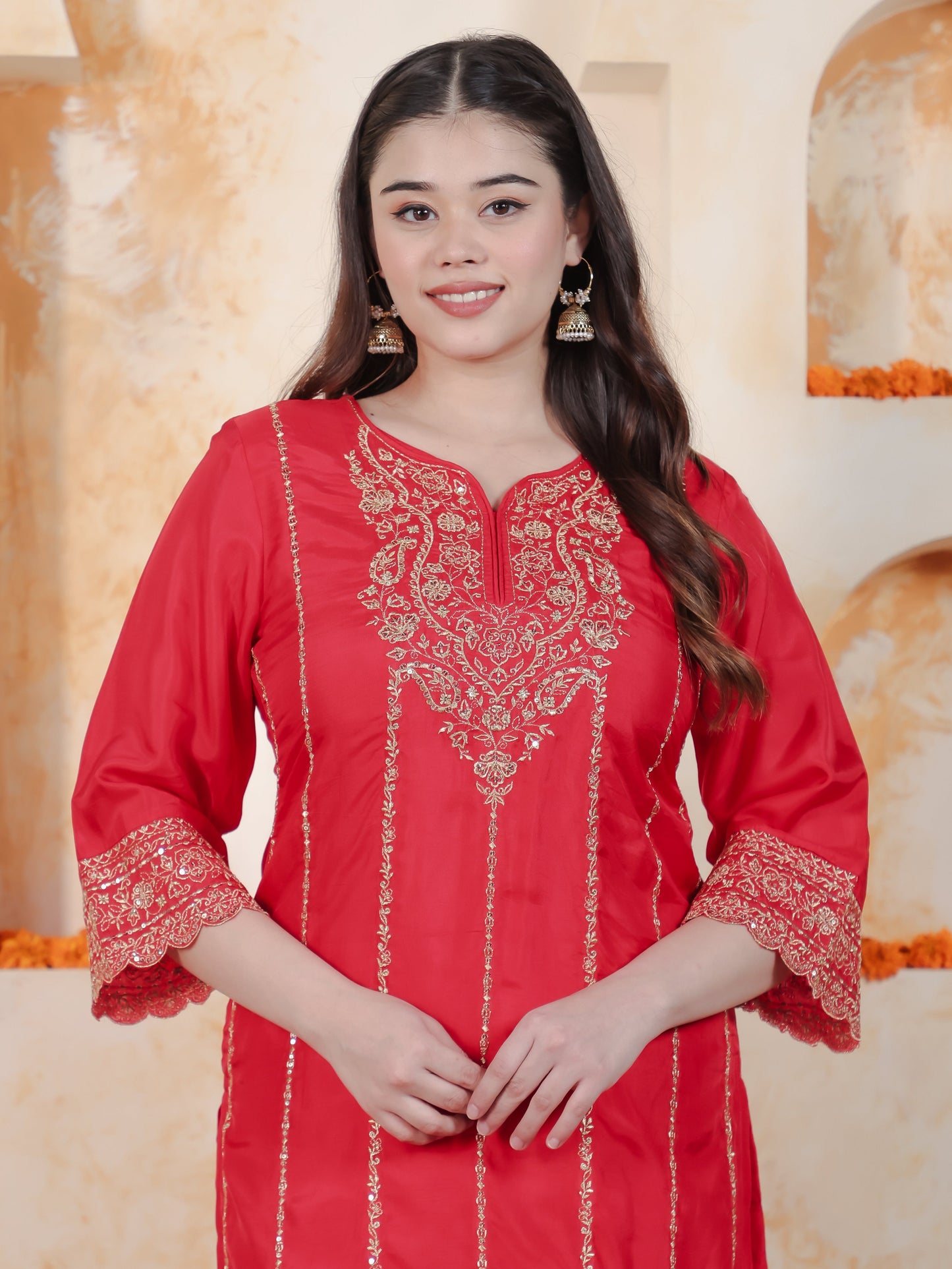Zari Red Solid Roman silk A-line Kurta