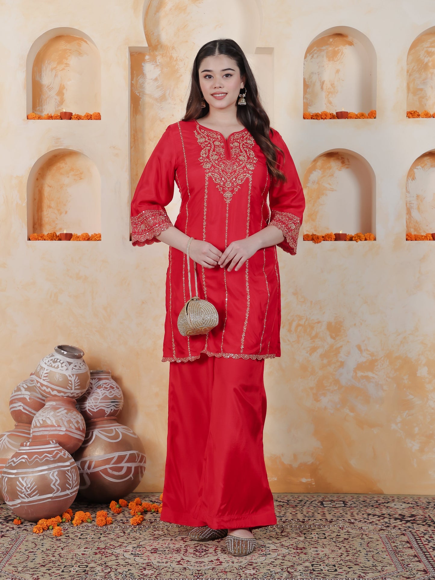 Zari Red Solid Roman silk A-line Kurta
