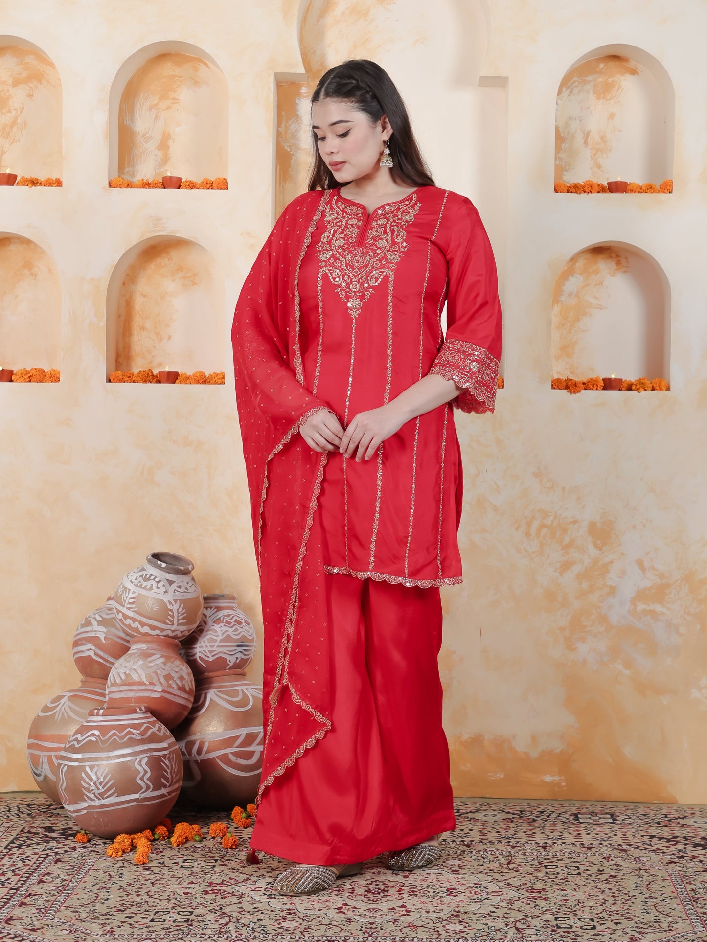 Zari Red Solid Roman silk A-line Kurta
