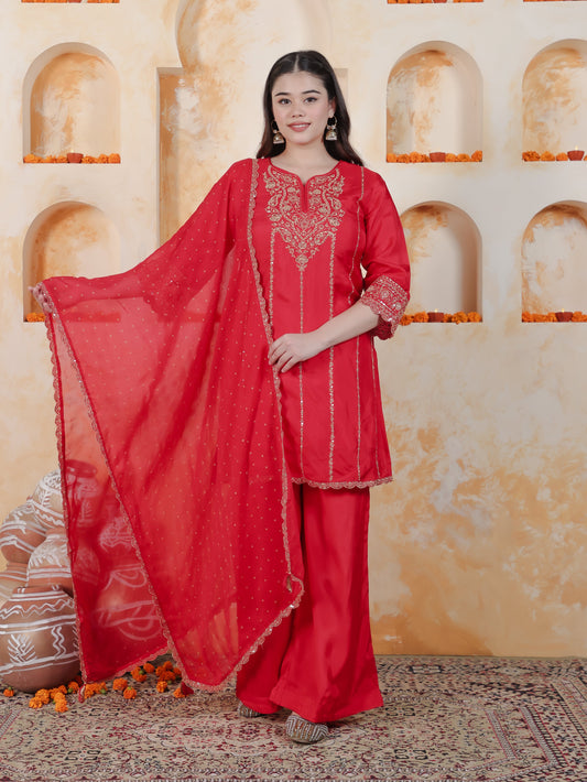 Zari Red Solid Roman silk A-line Kurta