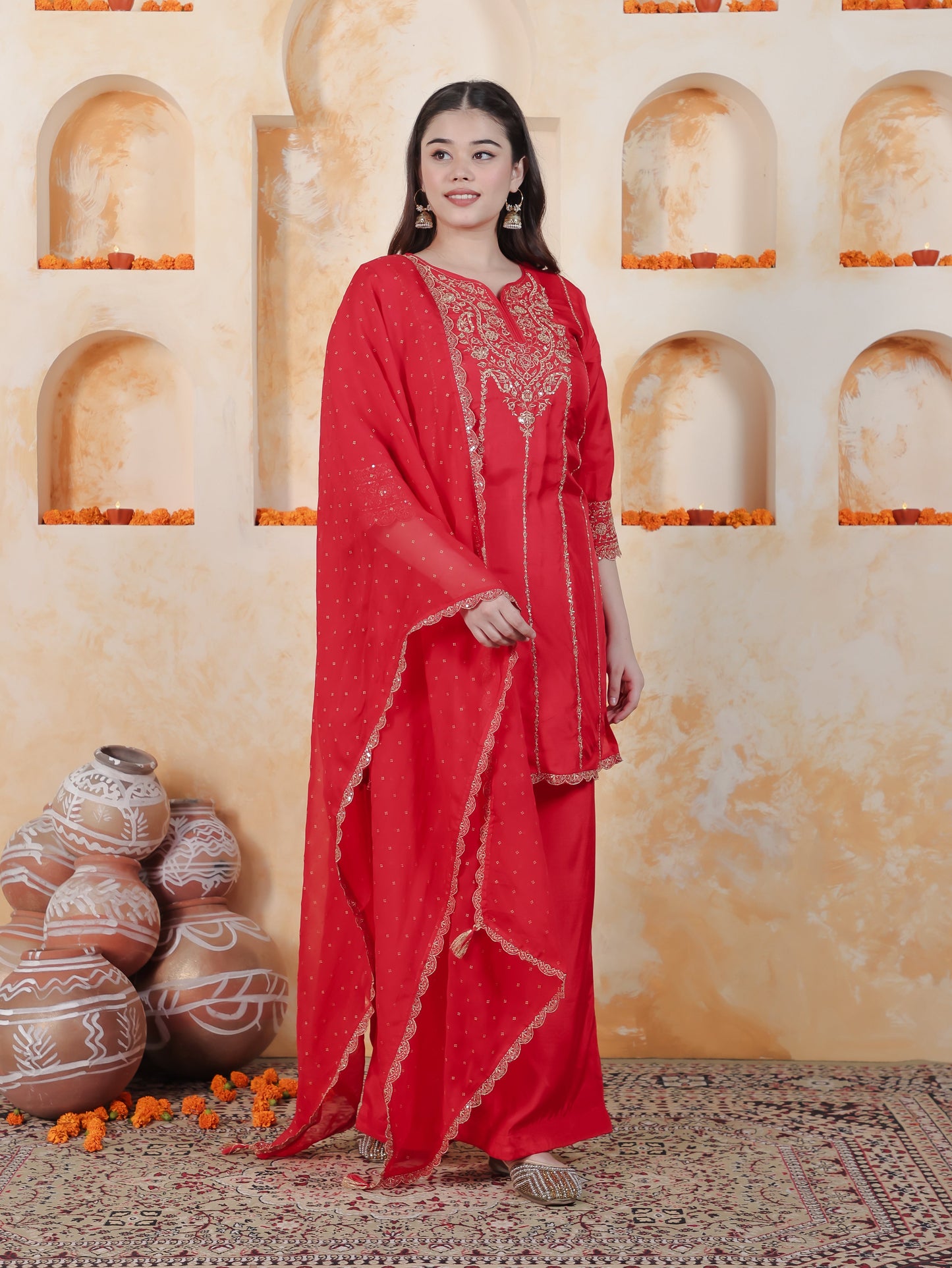 Zari Red Solid Roman silk A-line Kurta