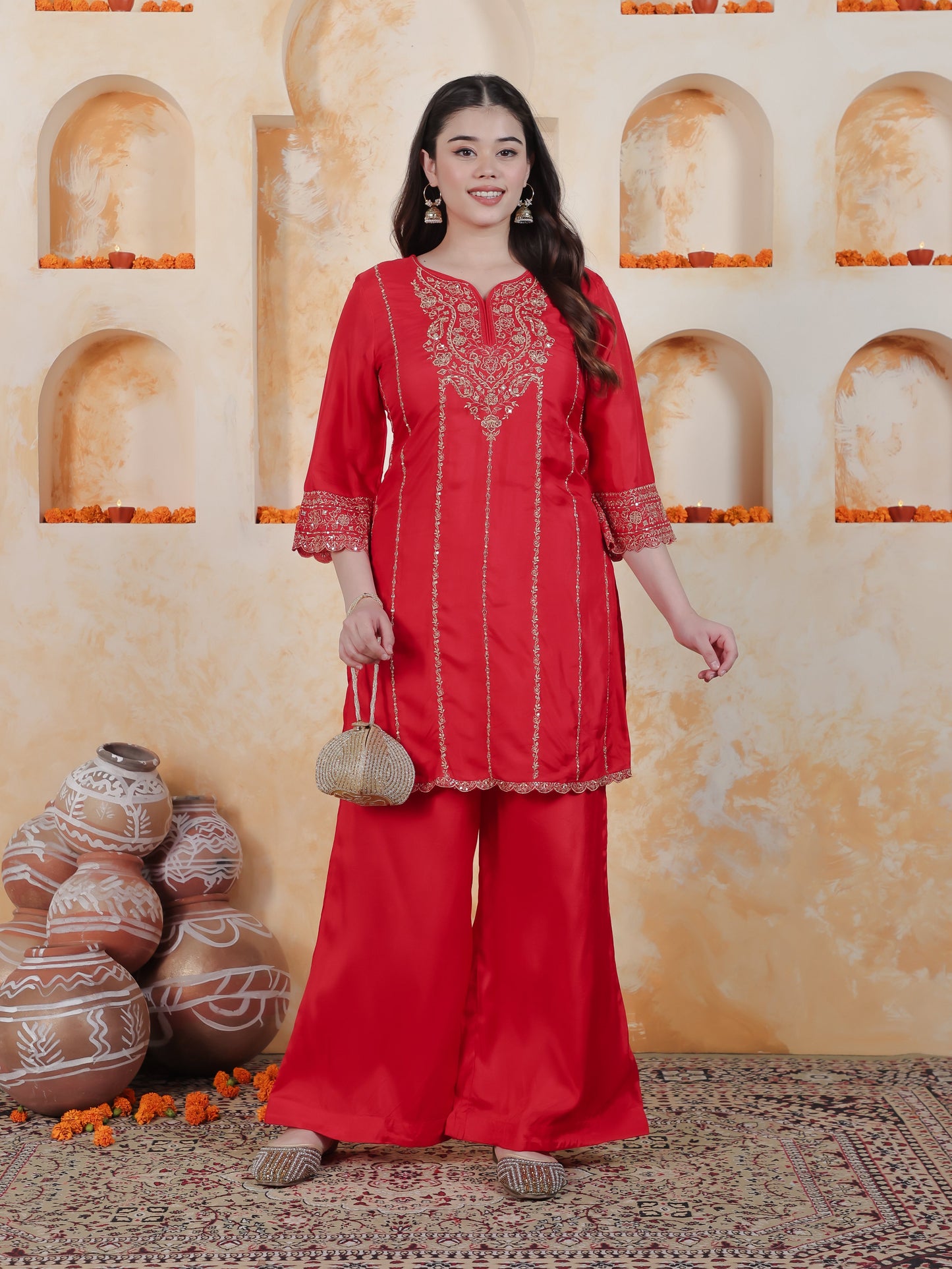 Zari Red Solid Roman silk A-line Kurta