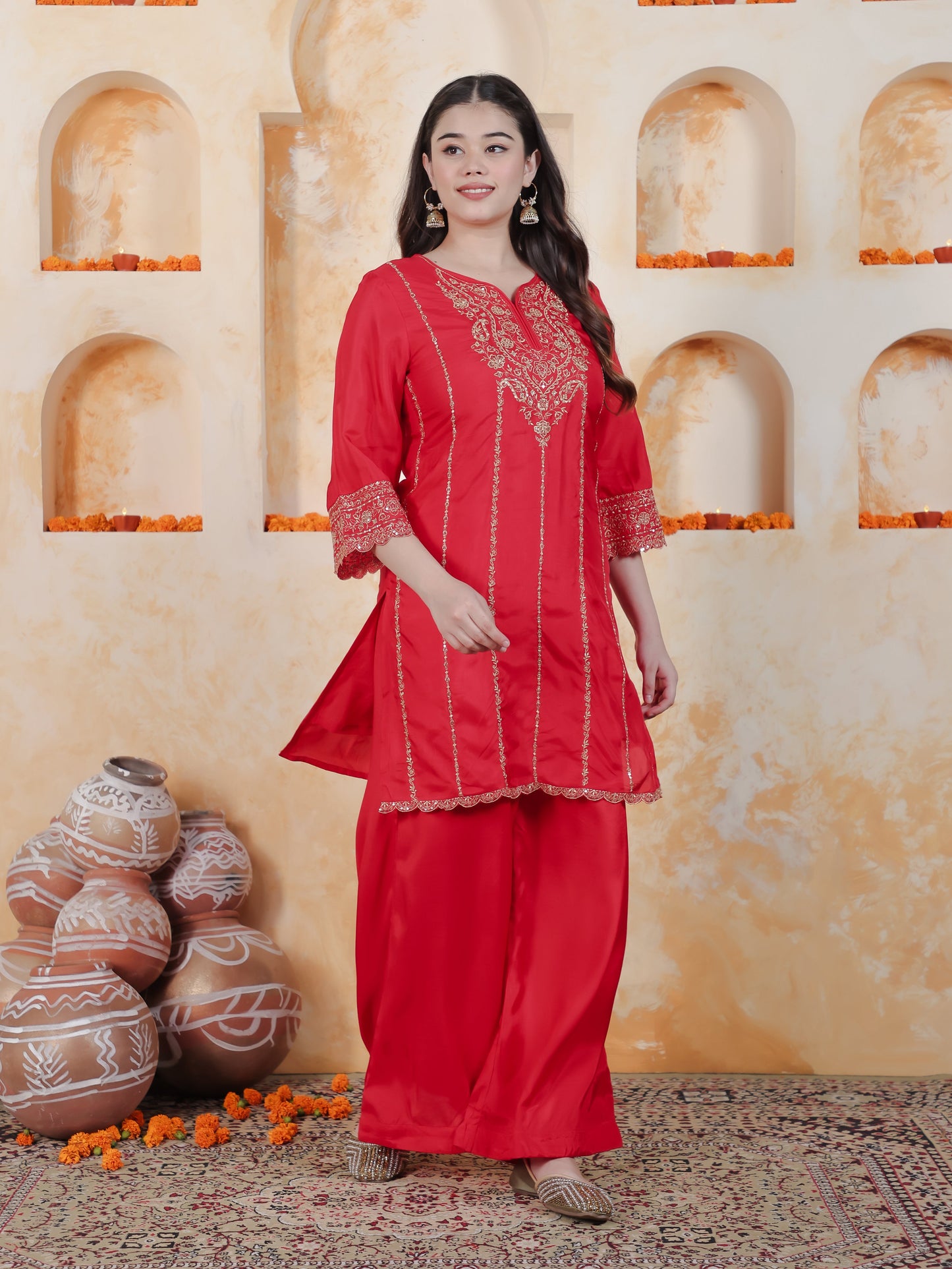 Zari Red Solid Roman silk A-line Kurta