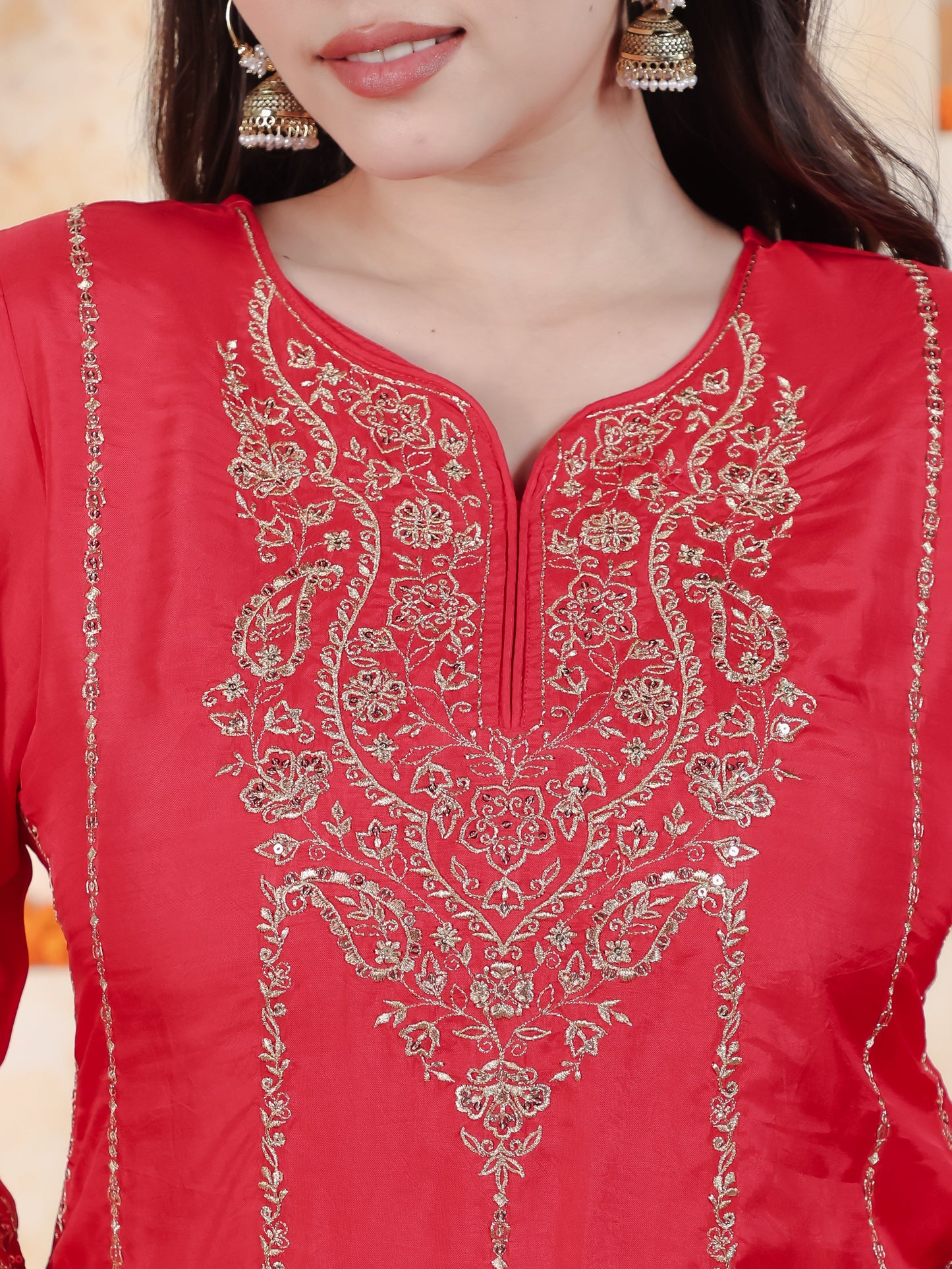 Zari Red Solid Roman silk A-line Kurta