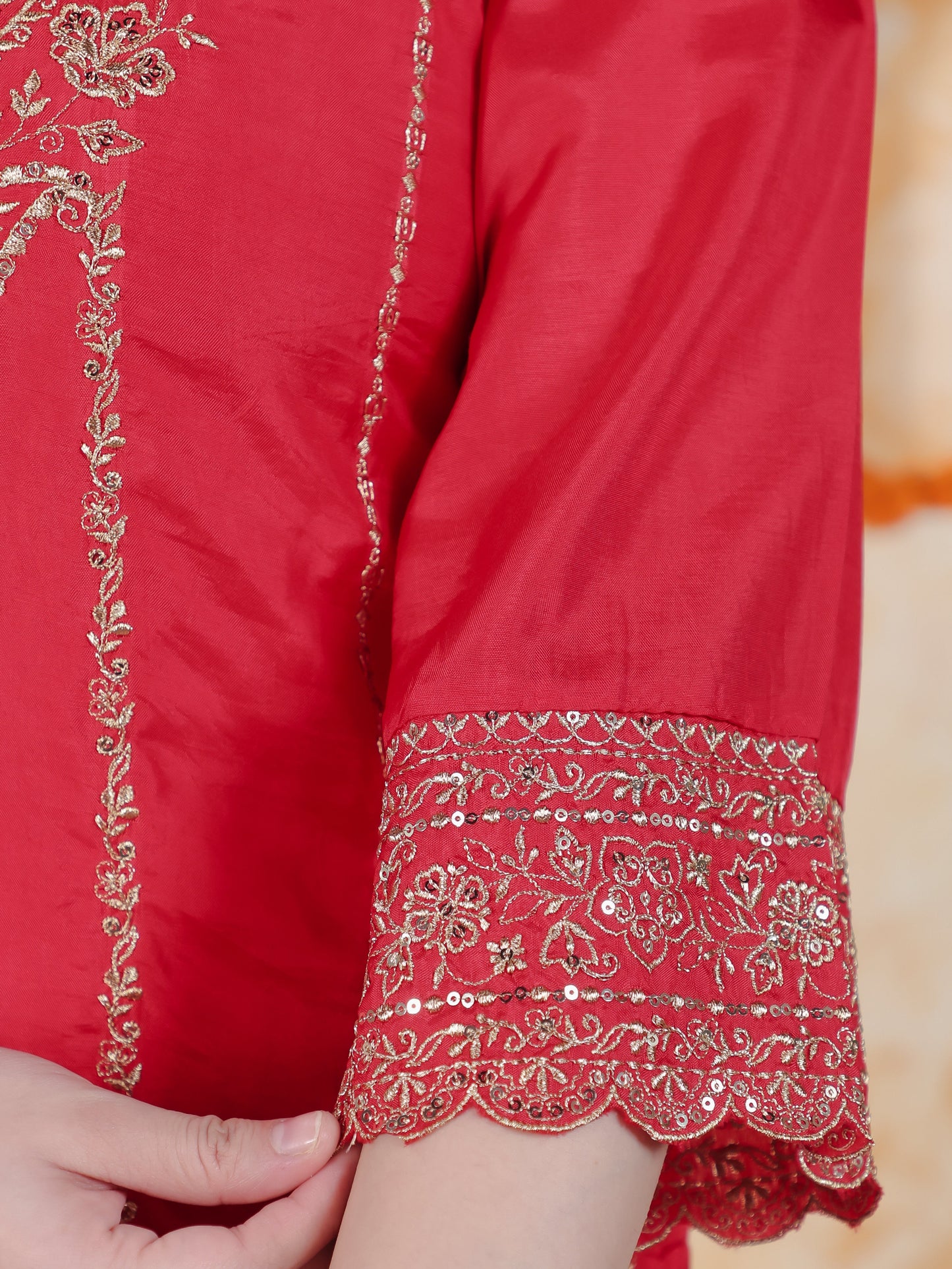 Zari Red Solid Roman silk A-line Kurta