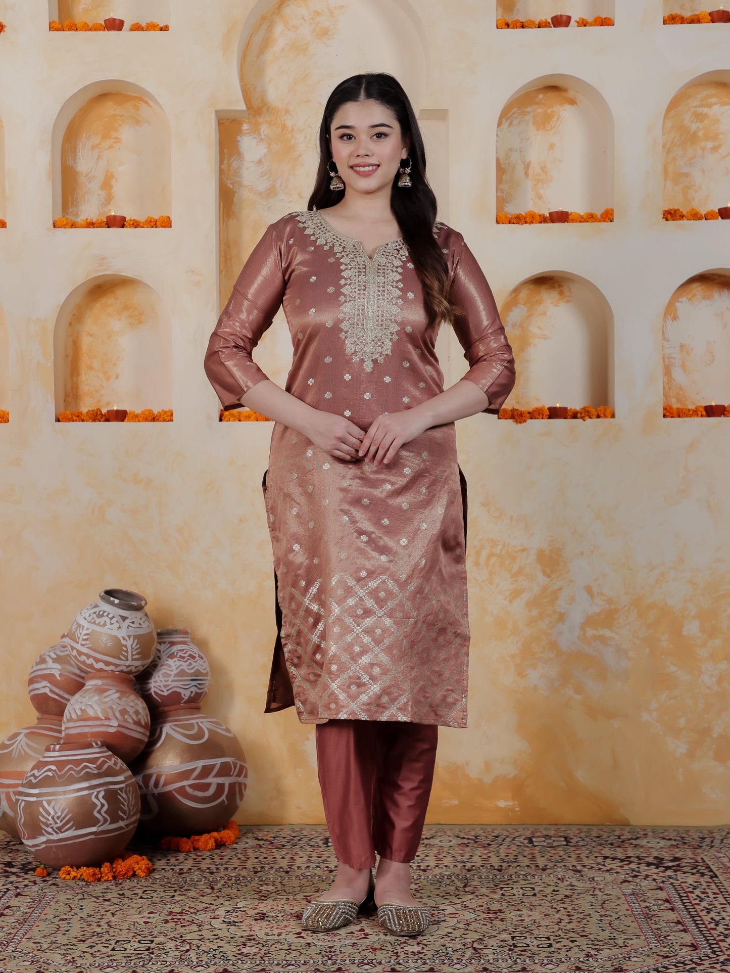 Zari Rose Gold Viscose Jacquard Straight Kurta