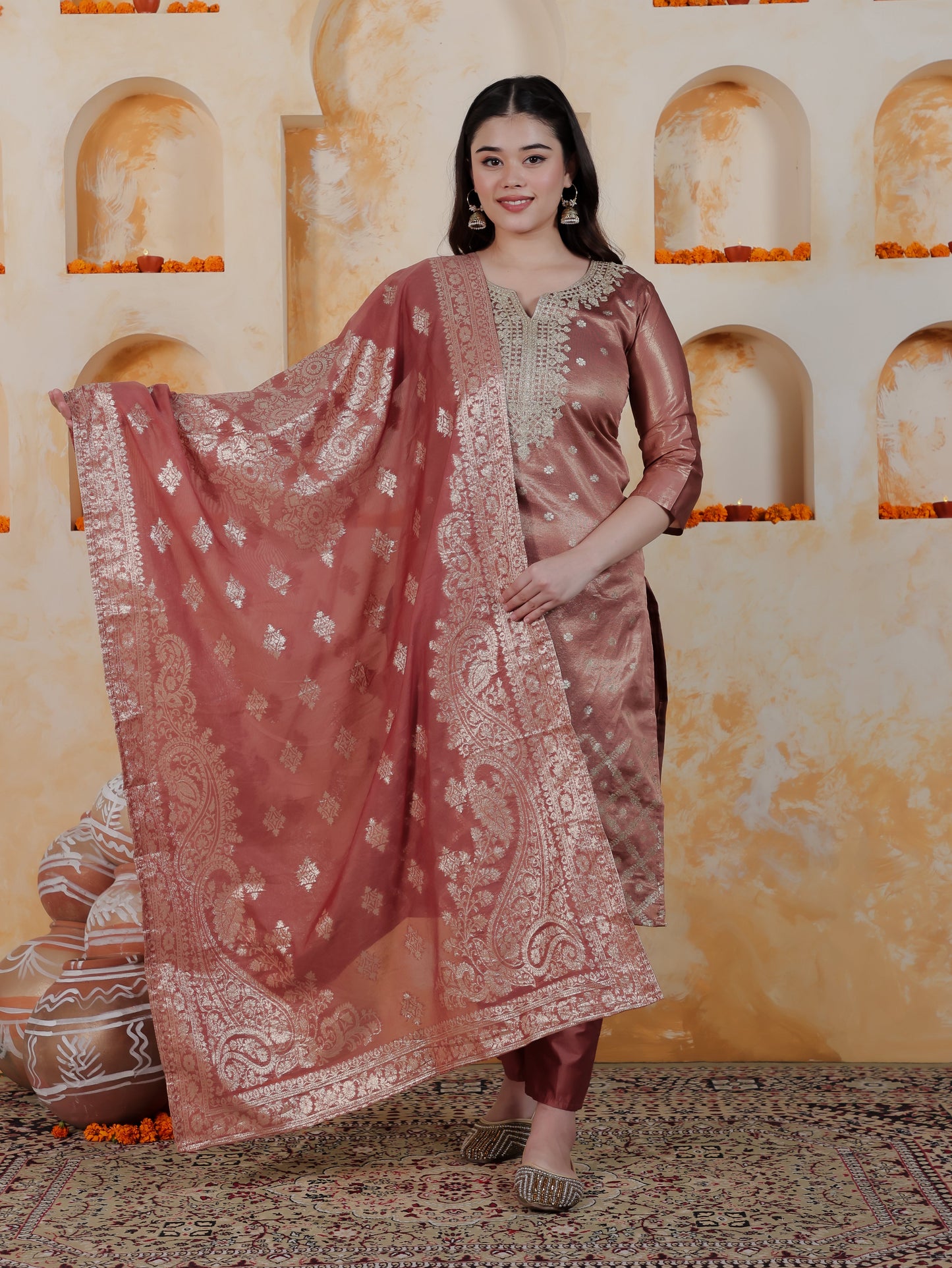Zari Rose Gold Viscose Jacquard Straight Kurta