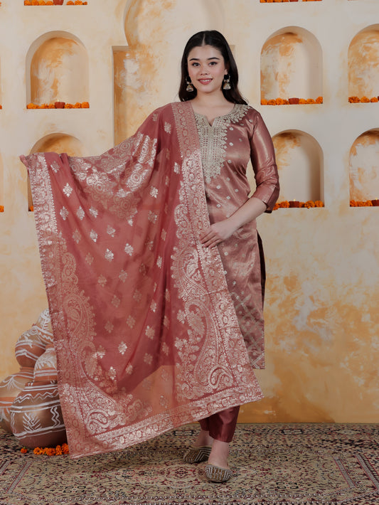 Zari Rose Gold Viscose Jacquard Straight Kurta