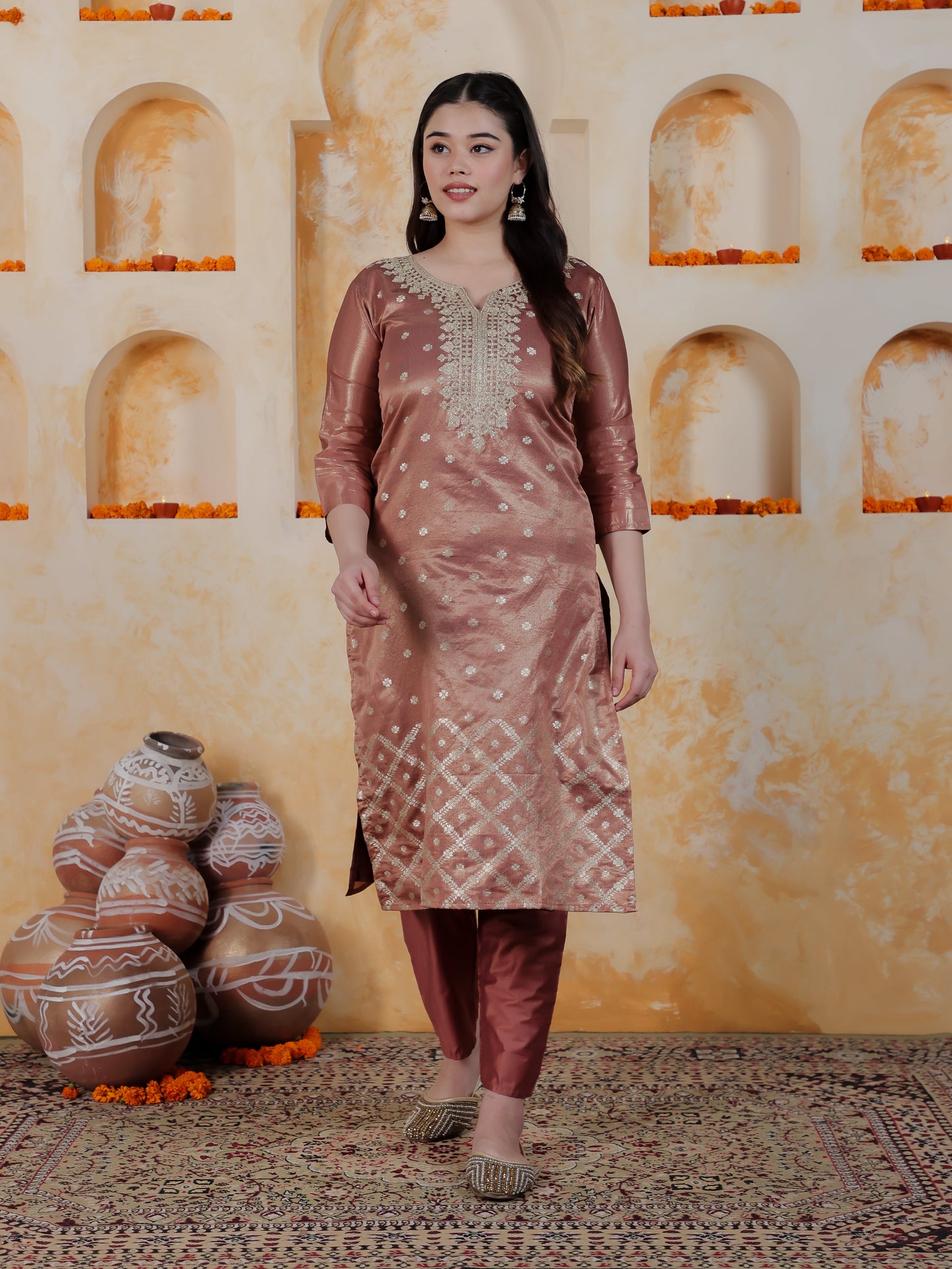 Zari Rose Gold Viscose Jacquard Straight Kurta