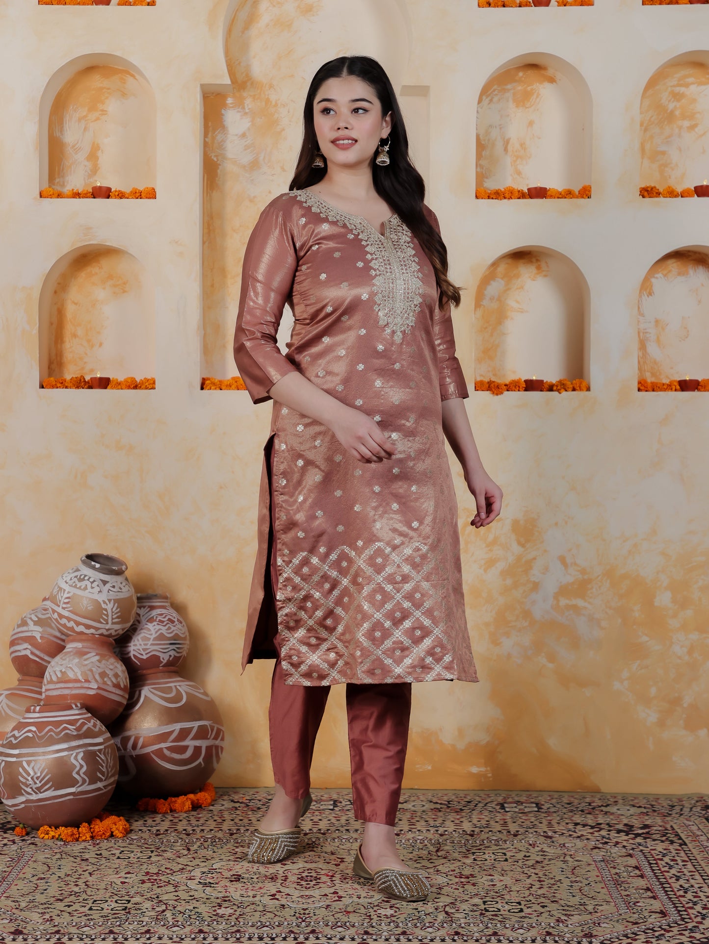 Zari Rose Gold Viscose Jacquard Straight Kurta